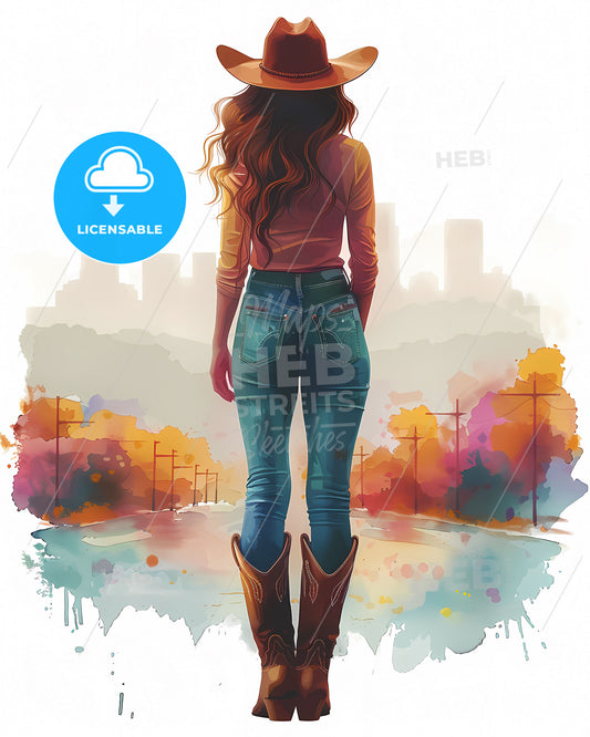 Artistic Depiction of a Western Woman in Jeans, Cowboy Boots, and Hat, Exploring the Streets of Nashville