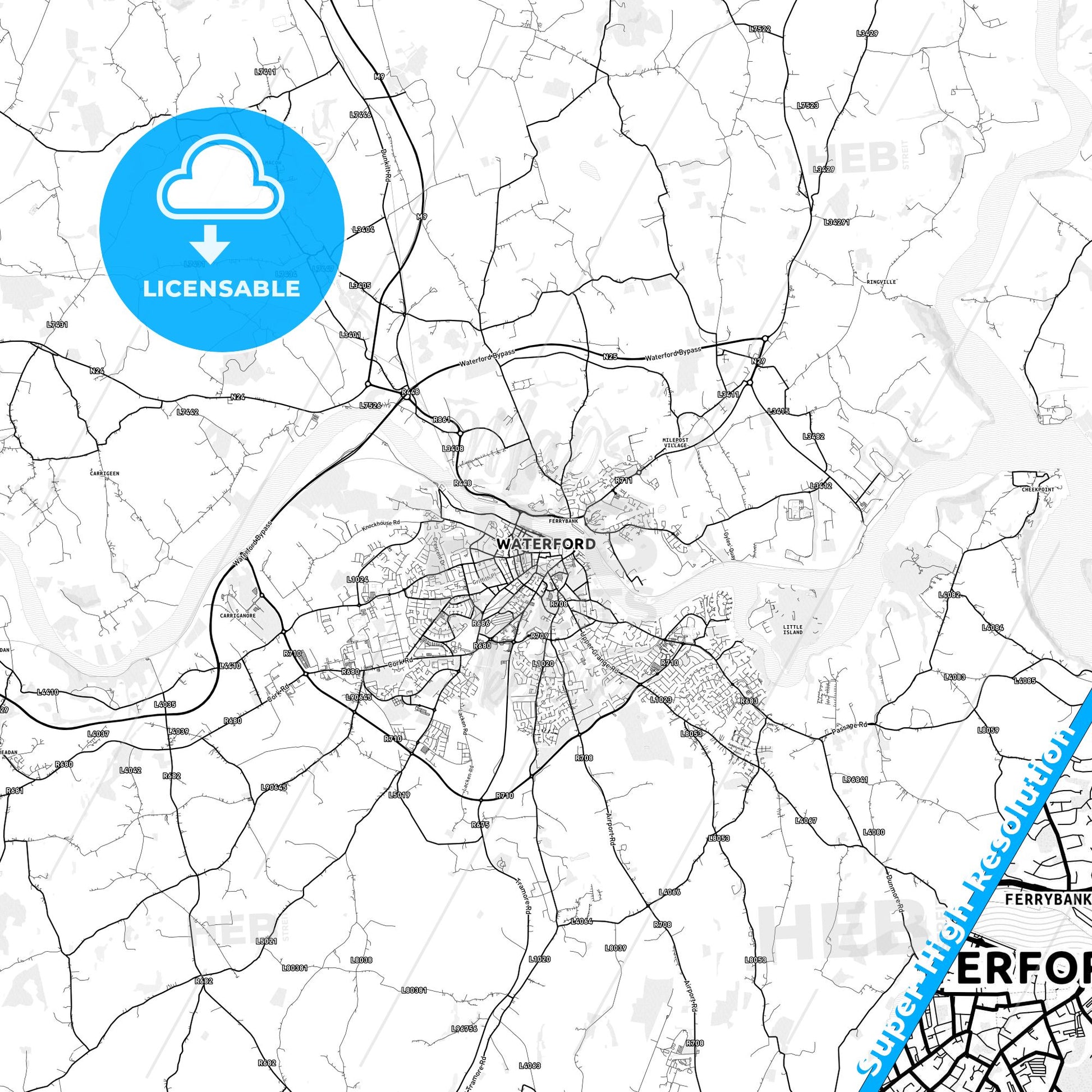 Waterford, Ireland light map with streetnames, citynames and districts
