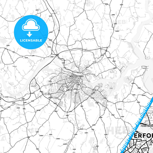 Waterford, Ireland light map with streetnames, citynames and districts