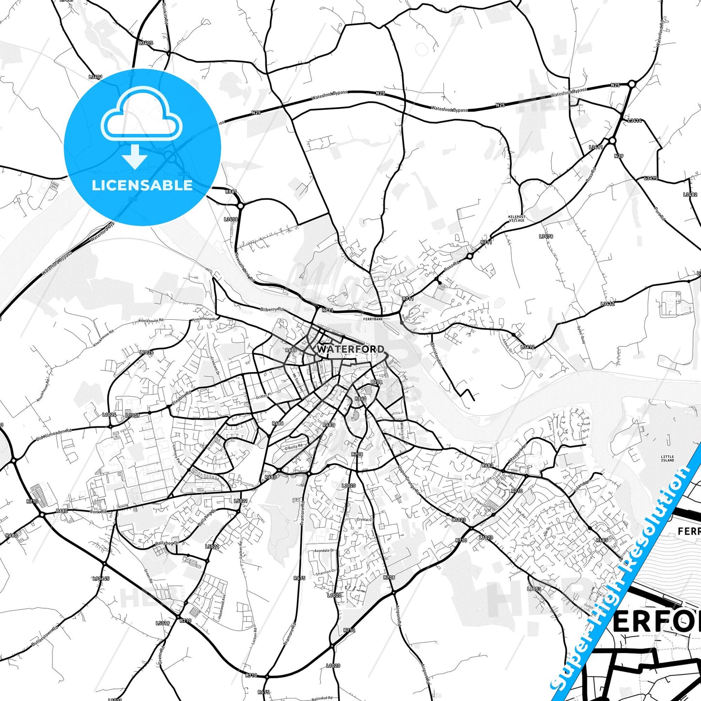 Waterford, Ireland Light Map with Street Names, City Names, and Districts