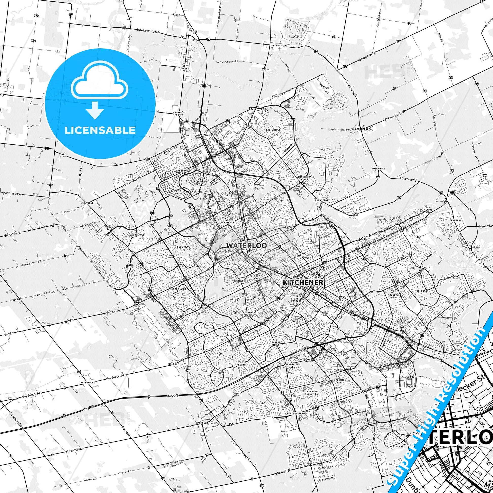 Waterloo, Canada light map with streetnames, citynames and districts