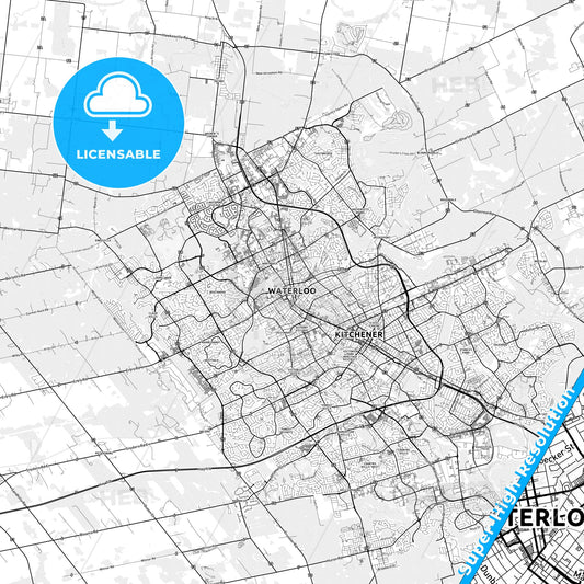 Waterloo, Canada light map with streetnames, citynames and districts