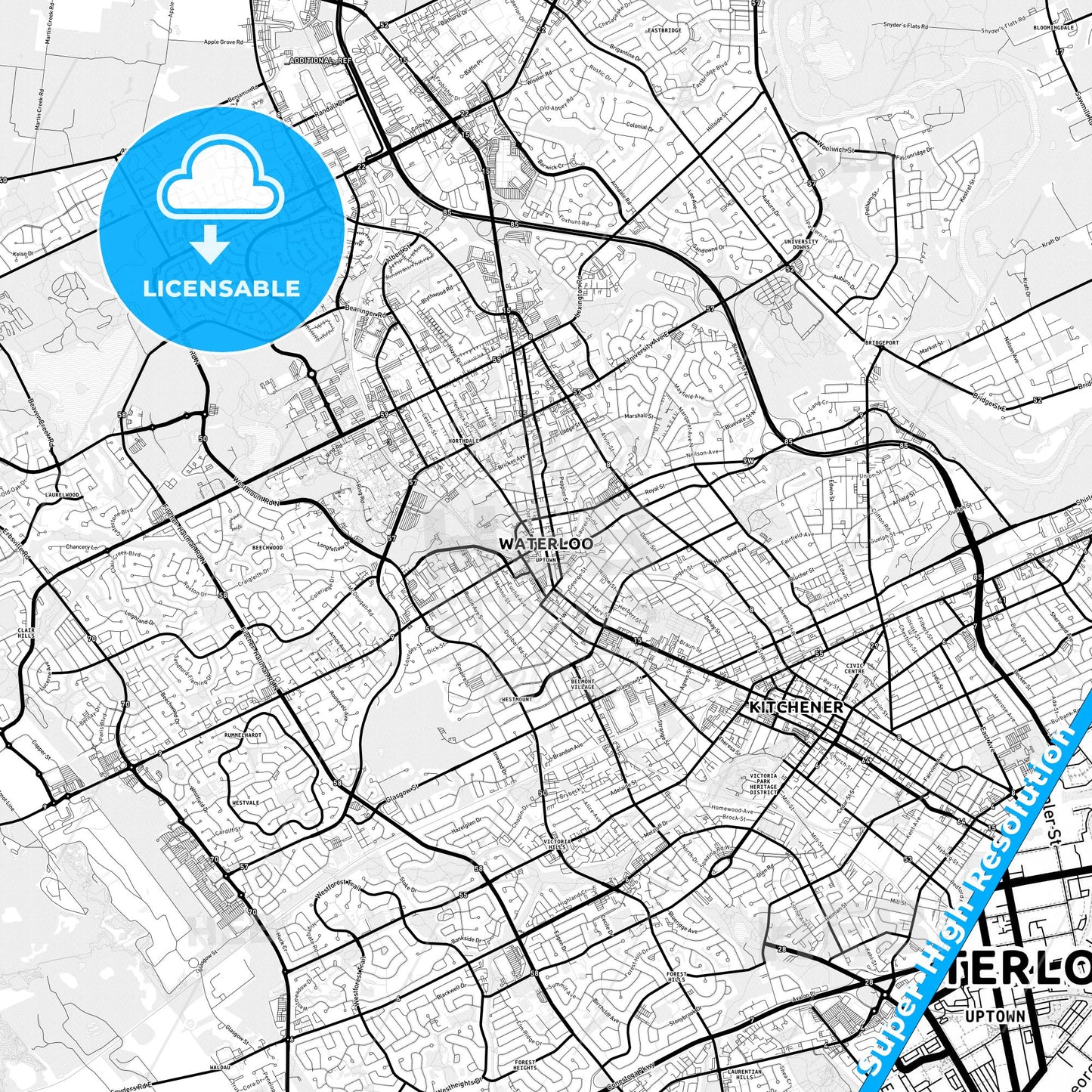 Waterloo, Canada Light Map with Street Names, City Names, and Districts