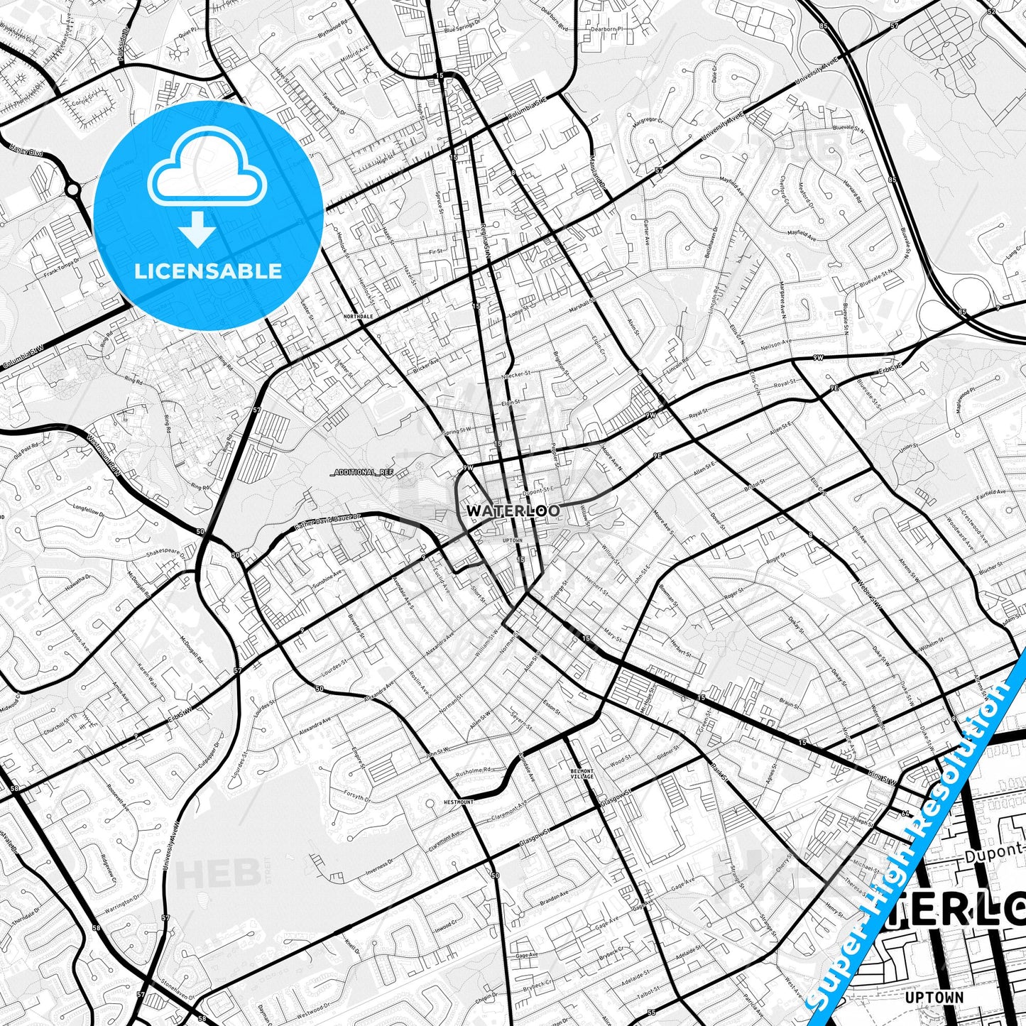 Waterloo, Canada Light Map with Street Names, City Names, and Districts