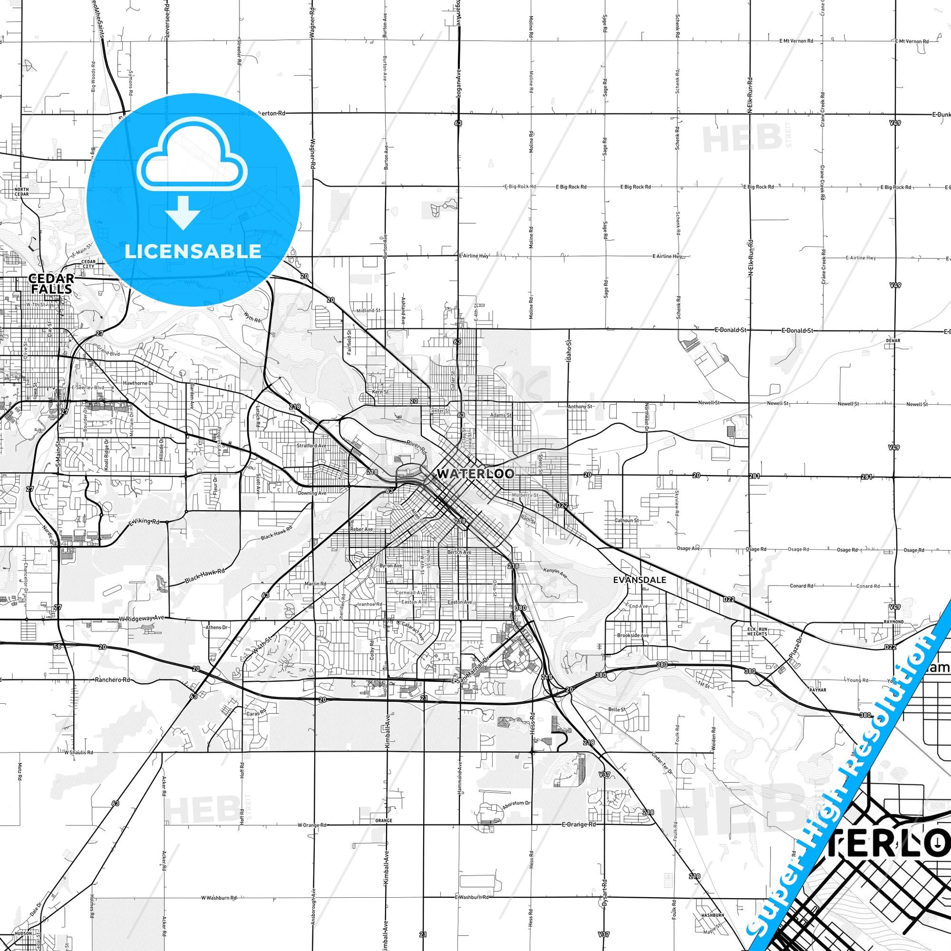 Waterloo, Iowa light map with streetnames, citynames and districts