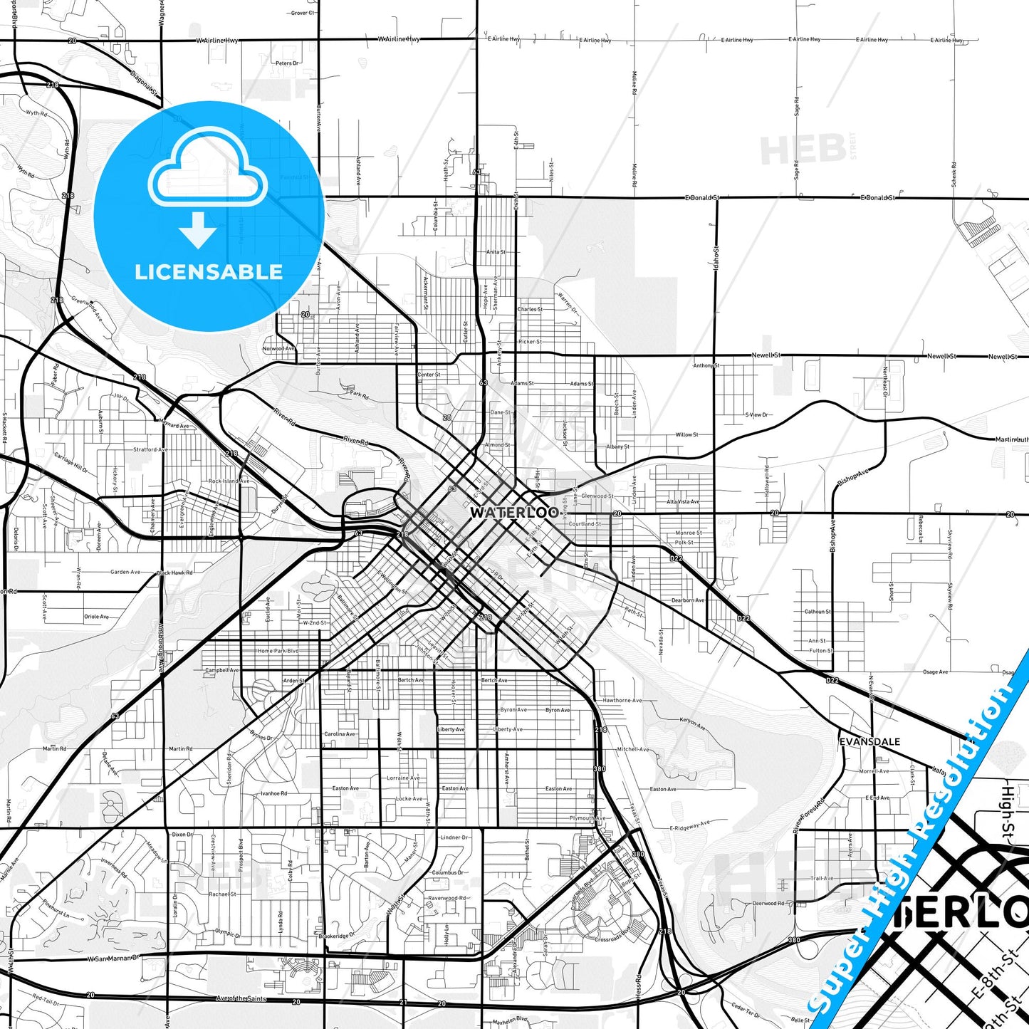 Waterloo, Iowa Light Map with Street Names, City Names, and Districts