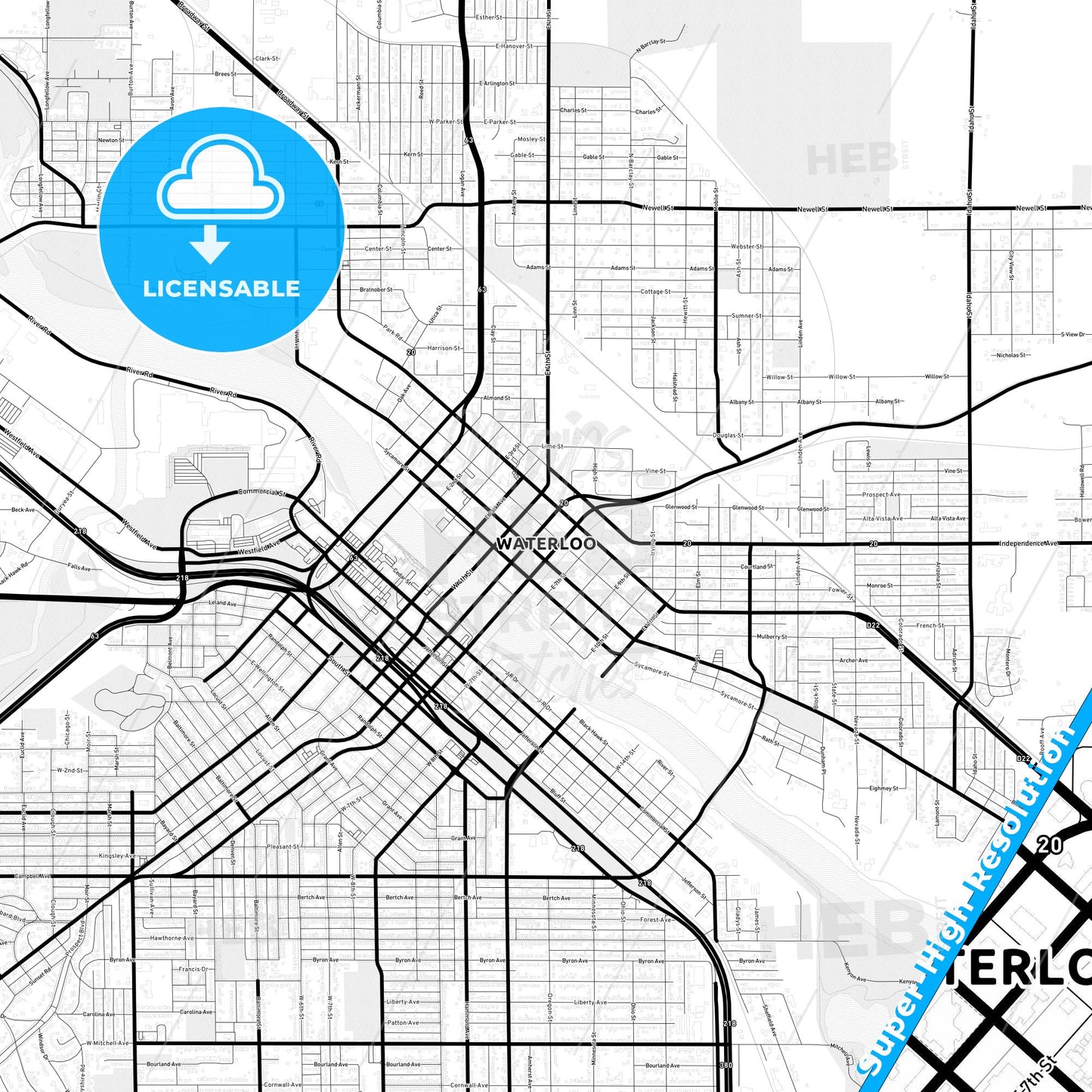 Waterloo, Iowa Light Map with Street Names, City Names, and Districts