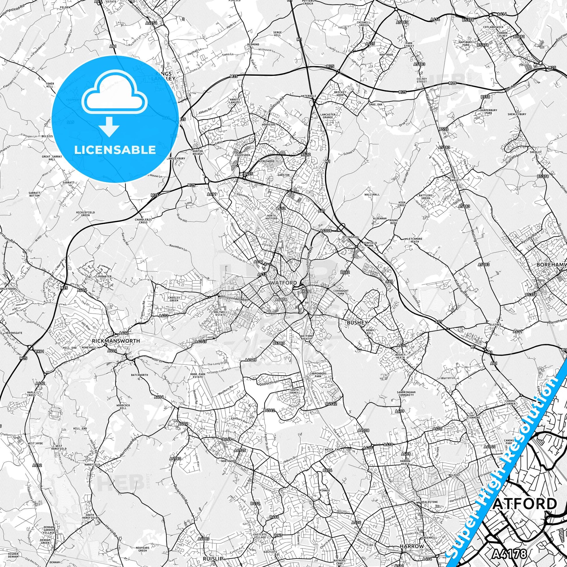 Watford, England light map with streetnames, citynames and districts