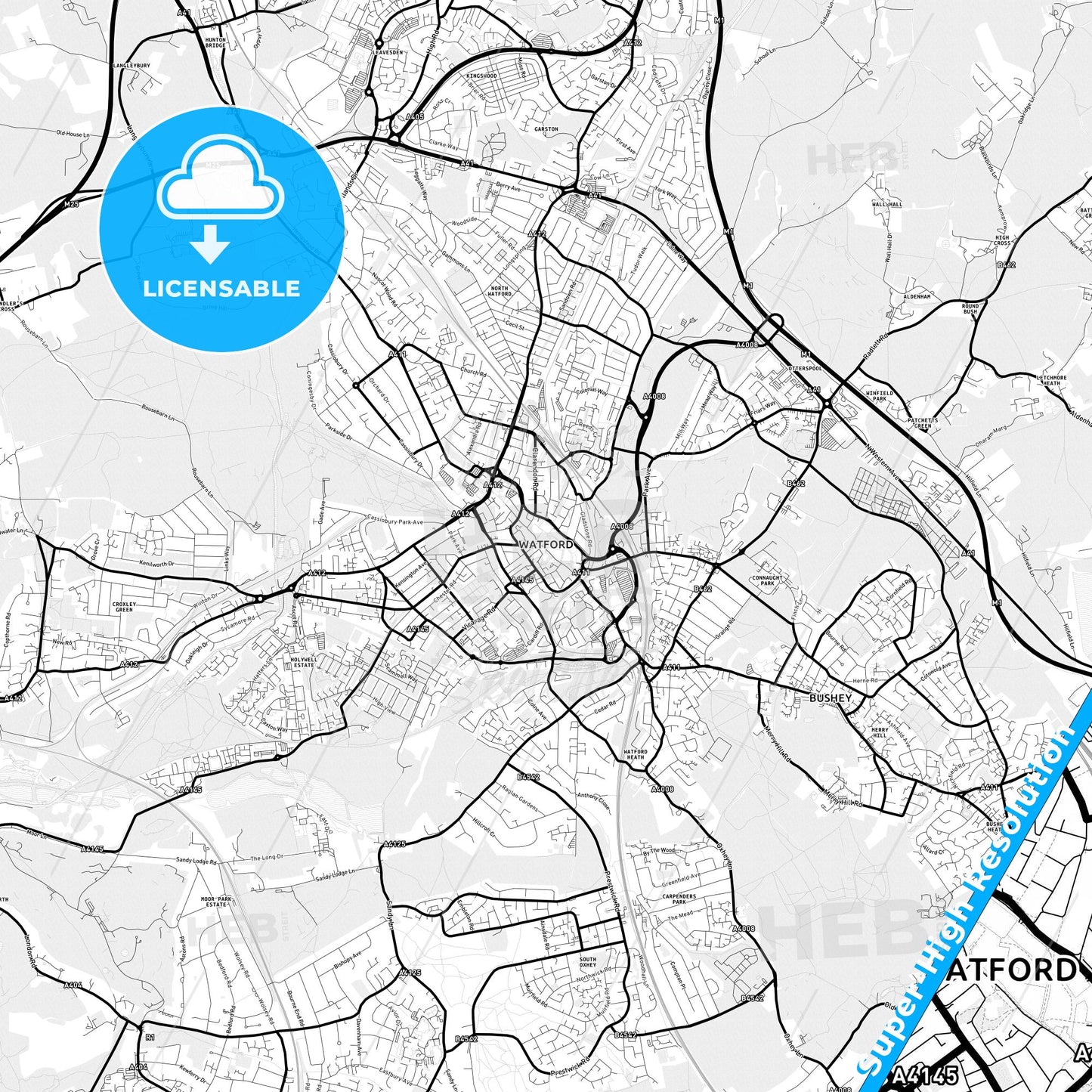 Watford, England Light Map with Street Names, City Names, and Districts
