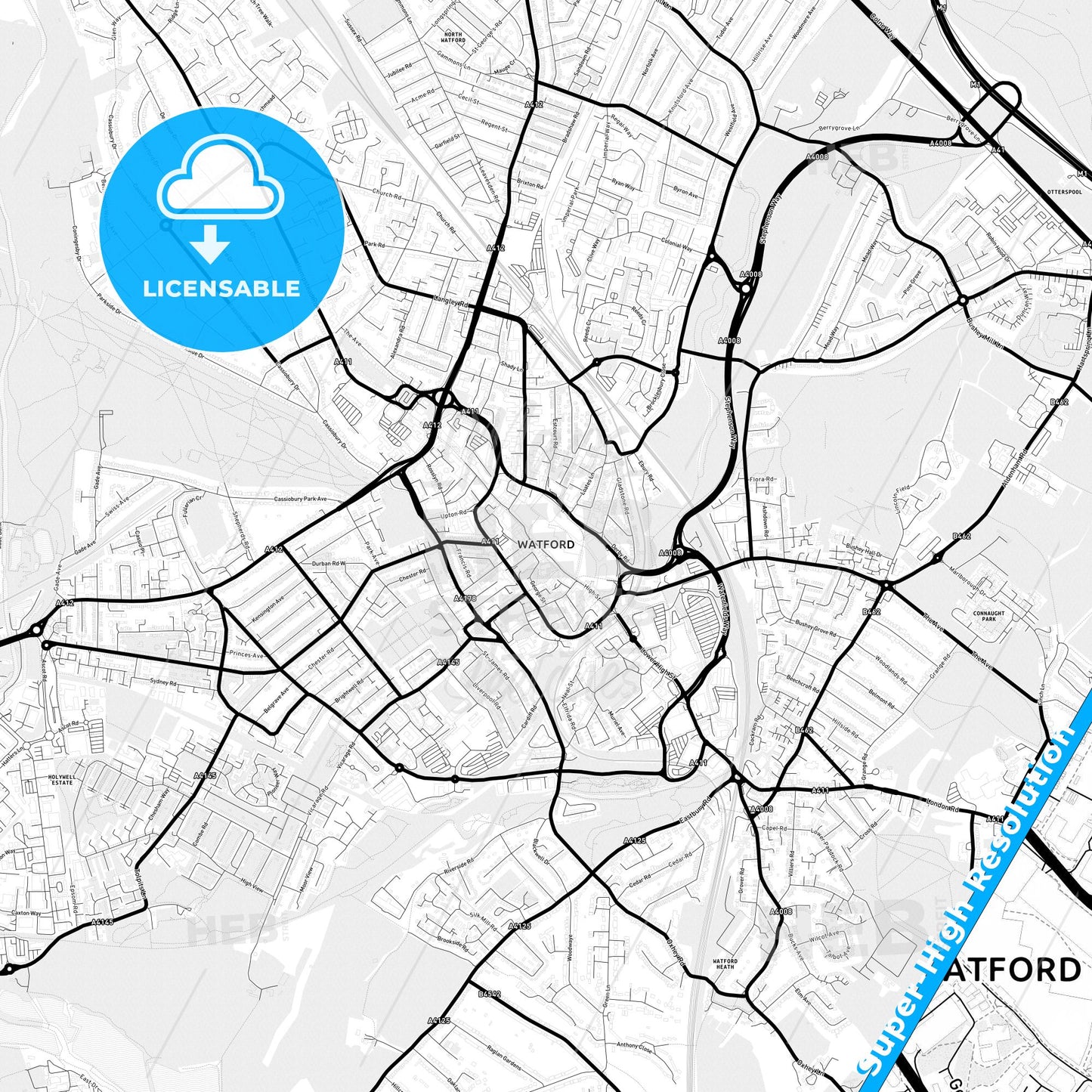 Watford, England Light Map with Street Names, City Names, and Districts