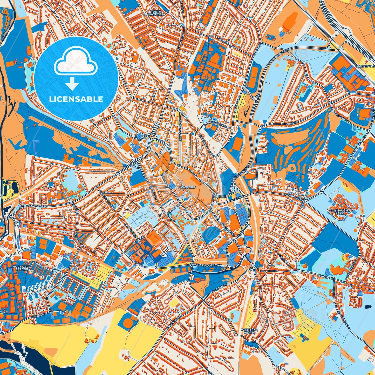 Colorful Watford Street Map with Labels and Buildings