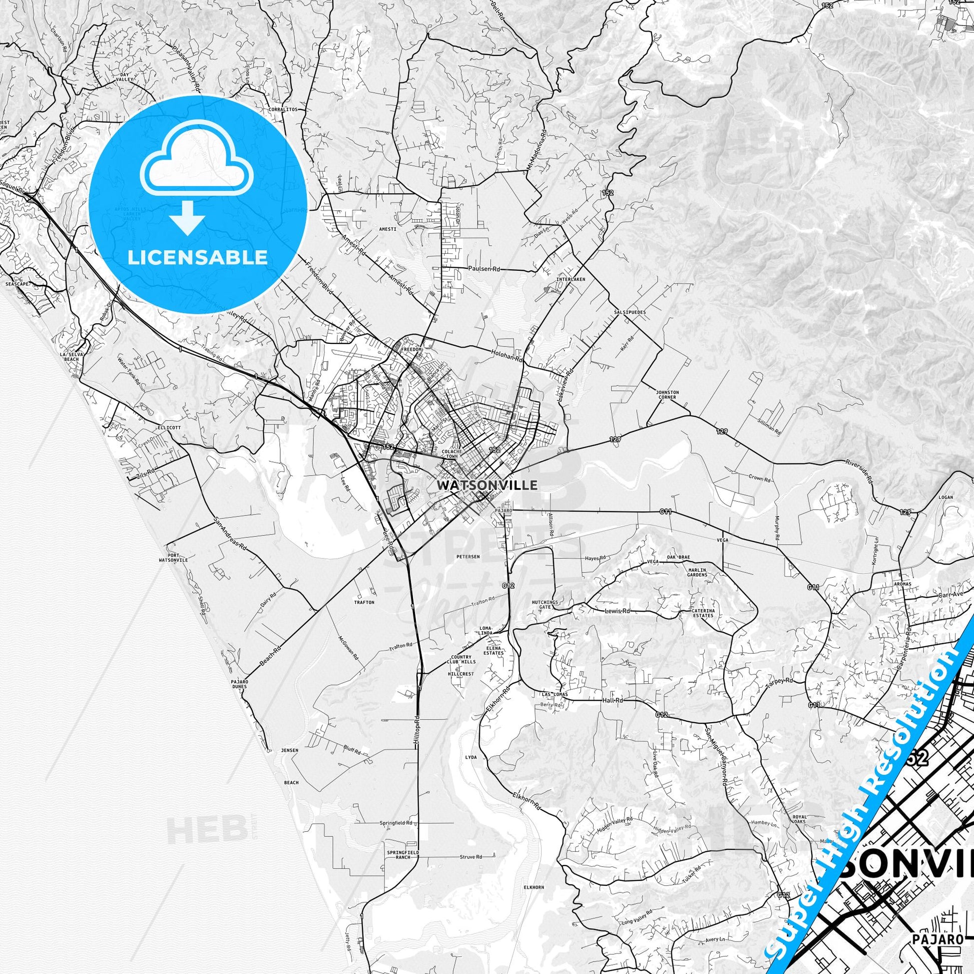 Watsonville, California light map with streetnames, citynames and districts