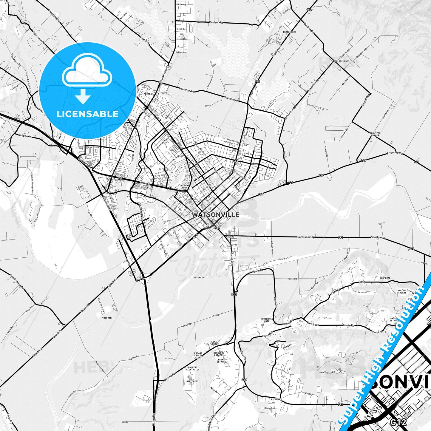 Watsonville, California Light Map with Street Names, City Names, and Districts