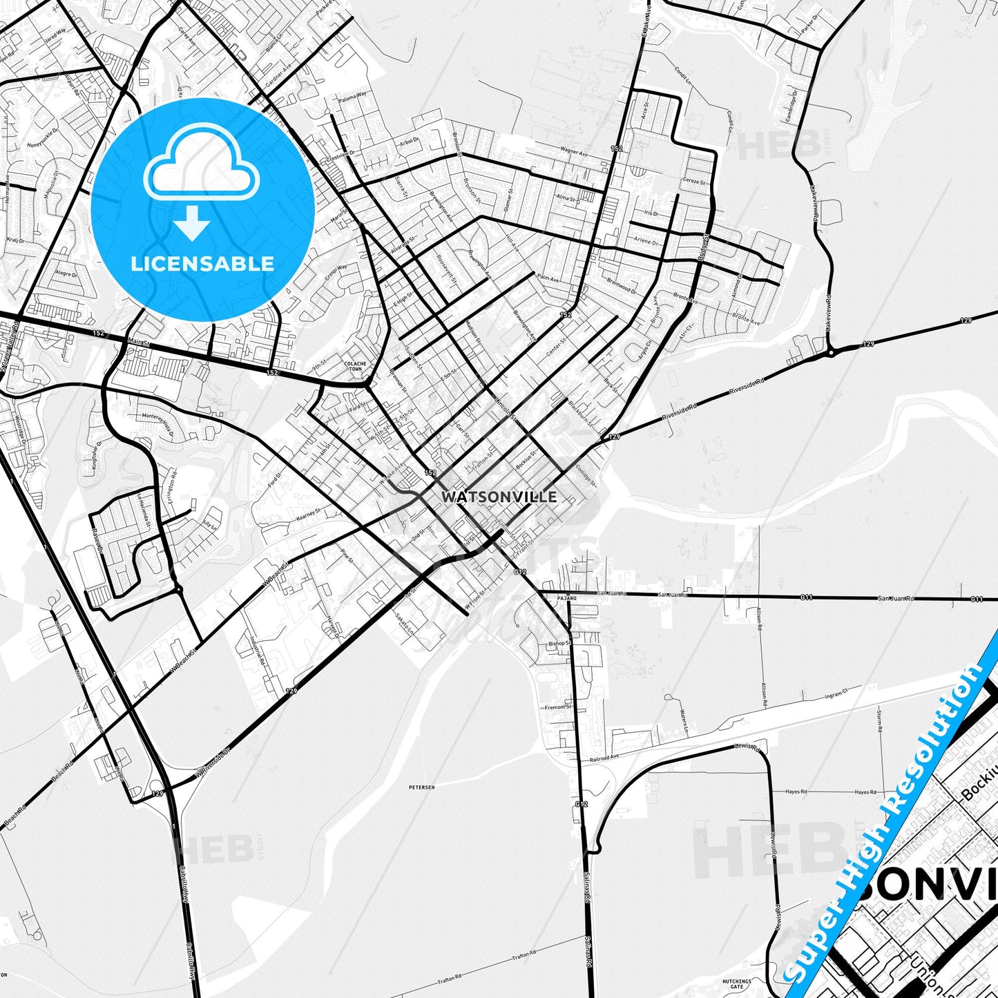 Watsonville, California Light Map with Street Names, City Names, and Districts