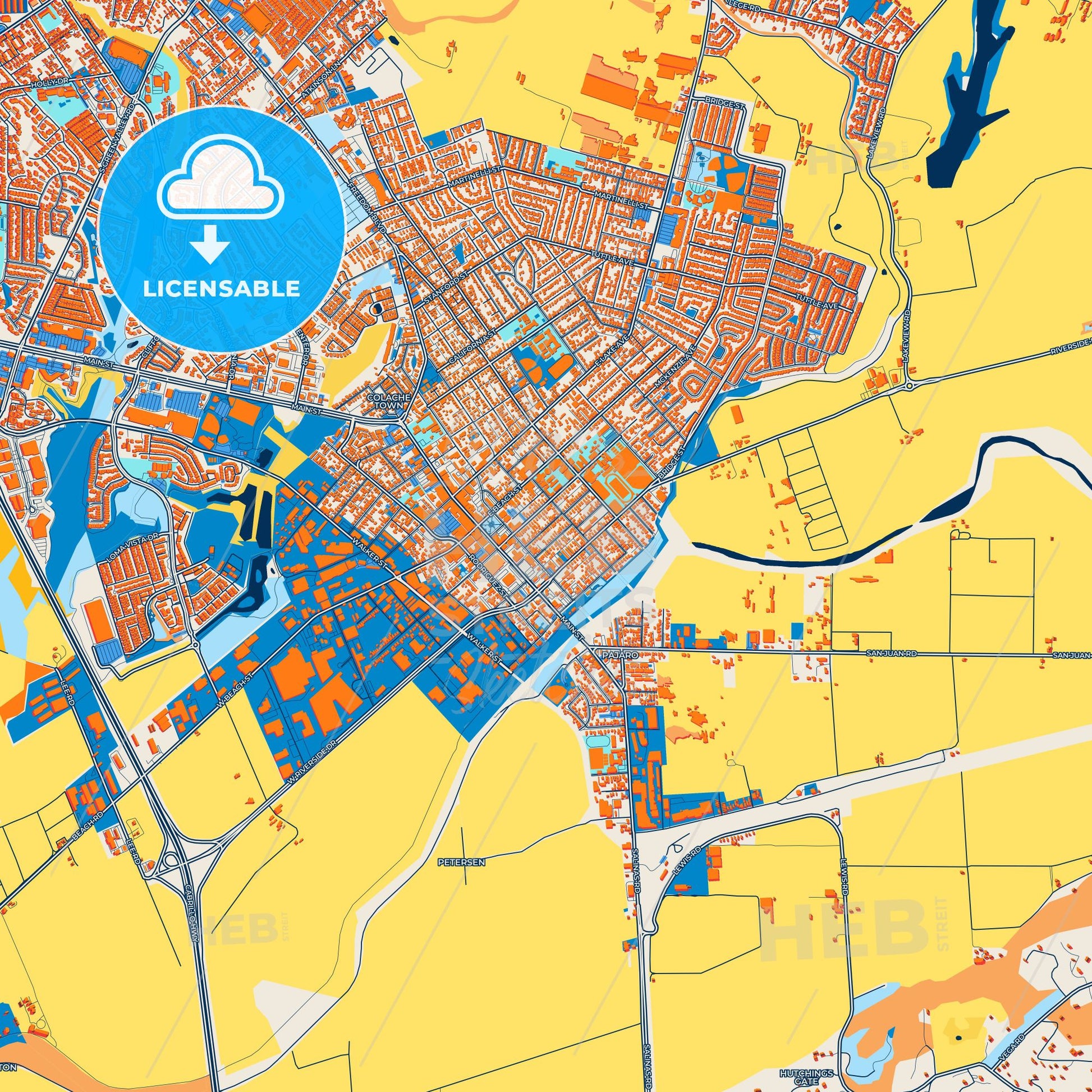 Colorful Watsonville Street Map with Labels and Buildings