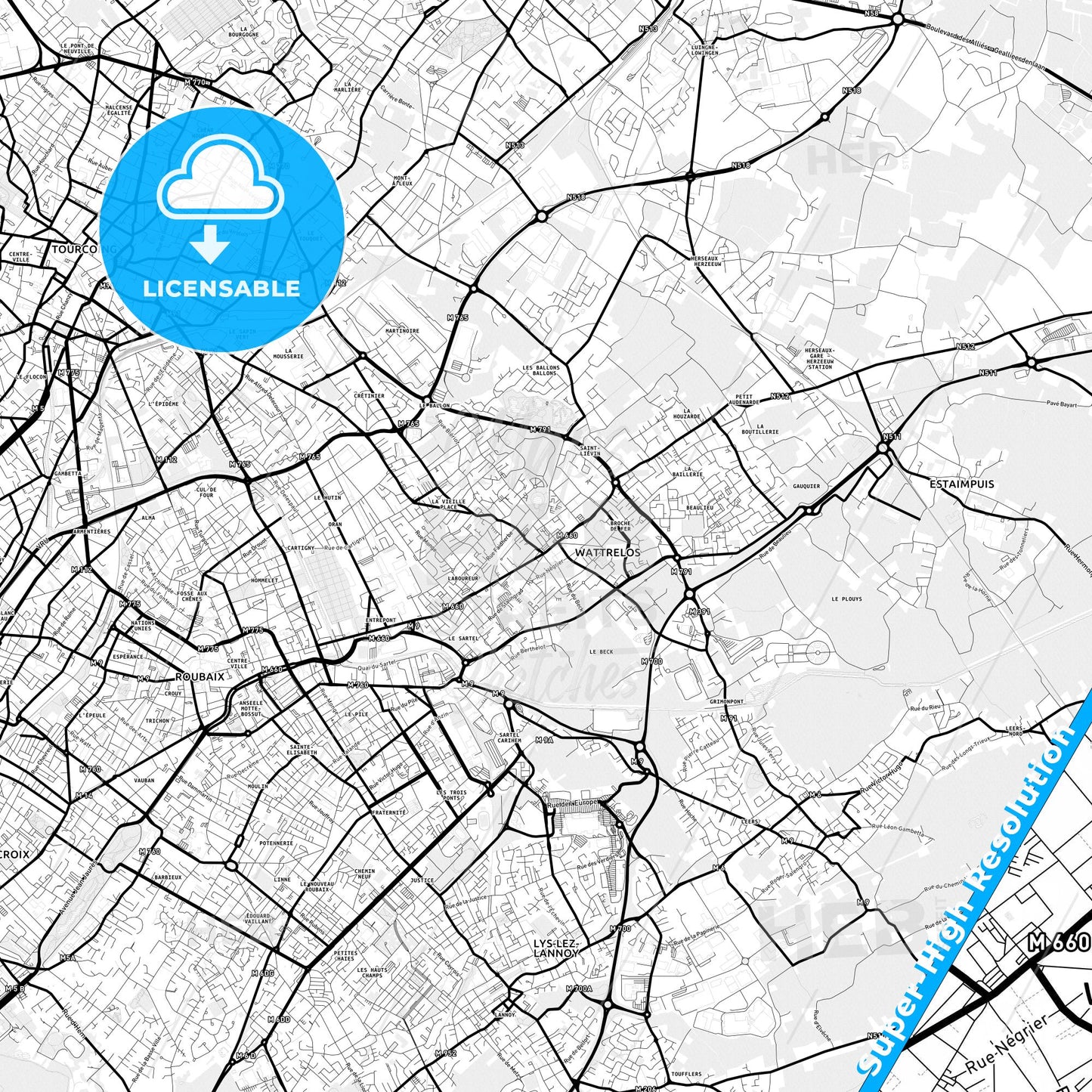 Wattrelos, France Light Map with Street Names, City Names, and Districts