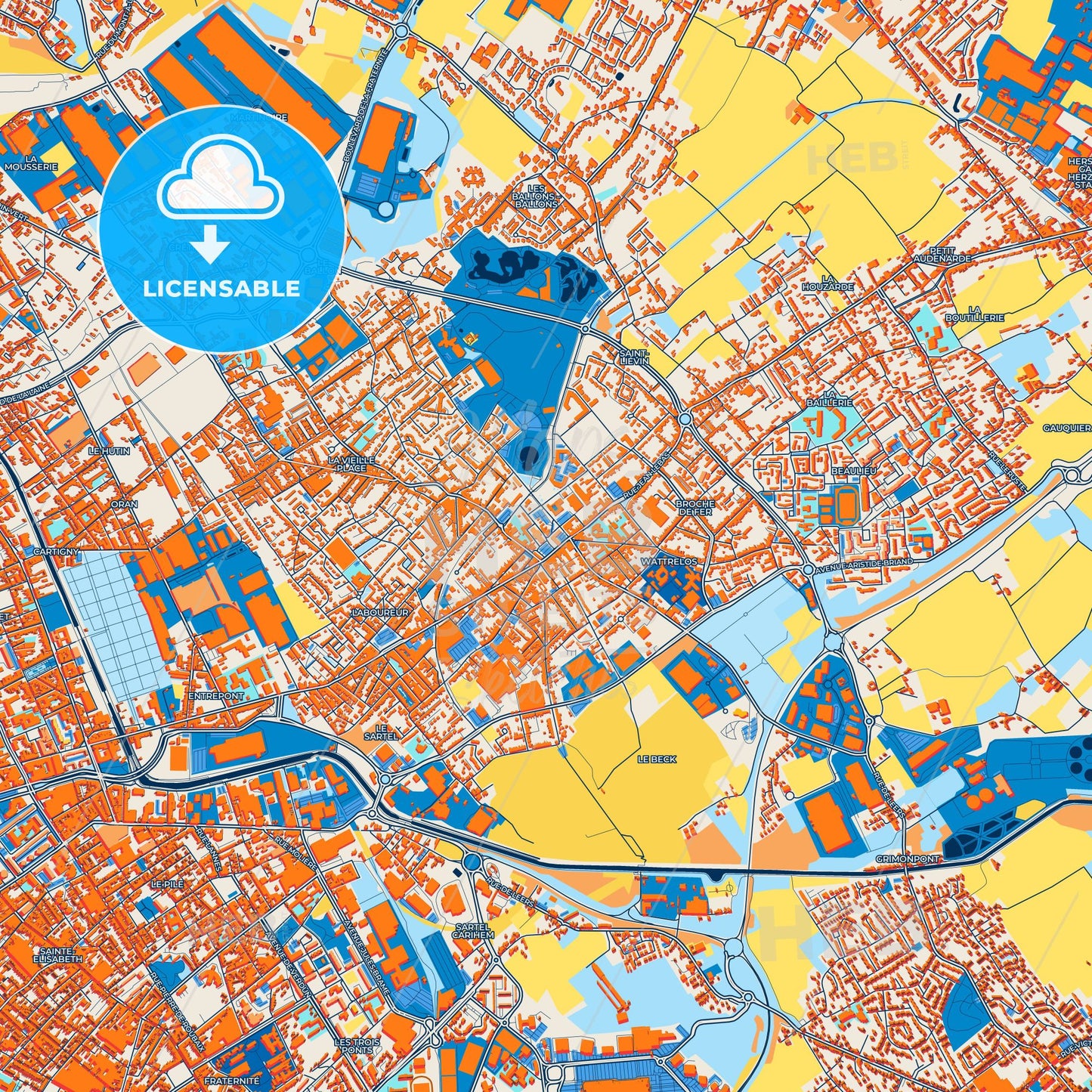 Colorful Wattrelos Street Map with Labels and Buildings