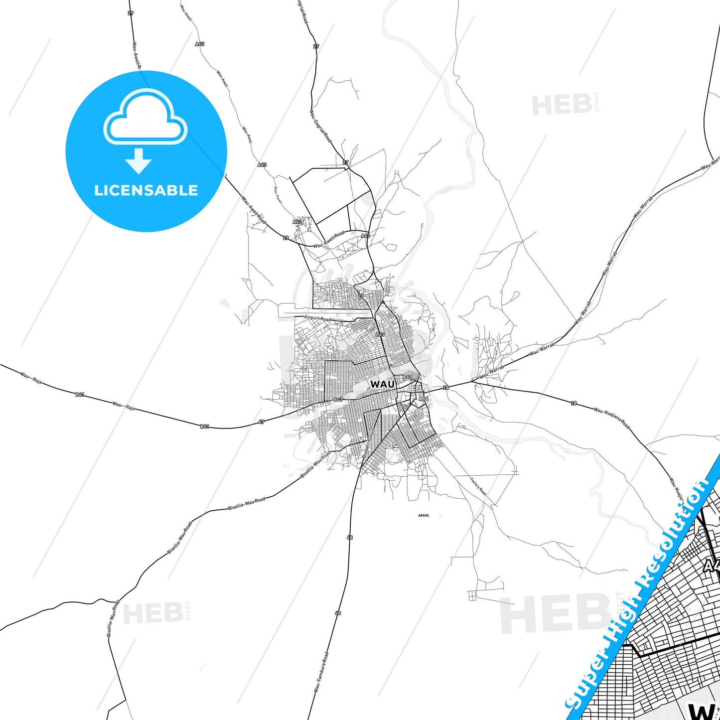 Wau, South Sudan light map with streetnames, citynames and districts