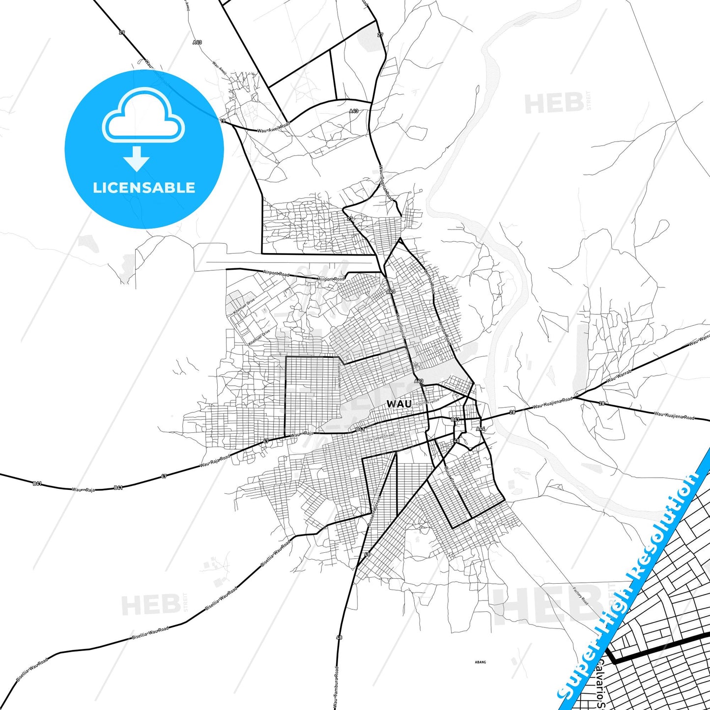 Wau, South Sudan Light Map with Street Names, City Names, and Districts