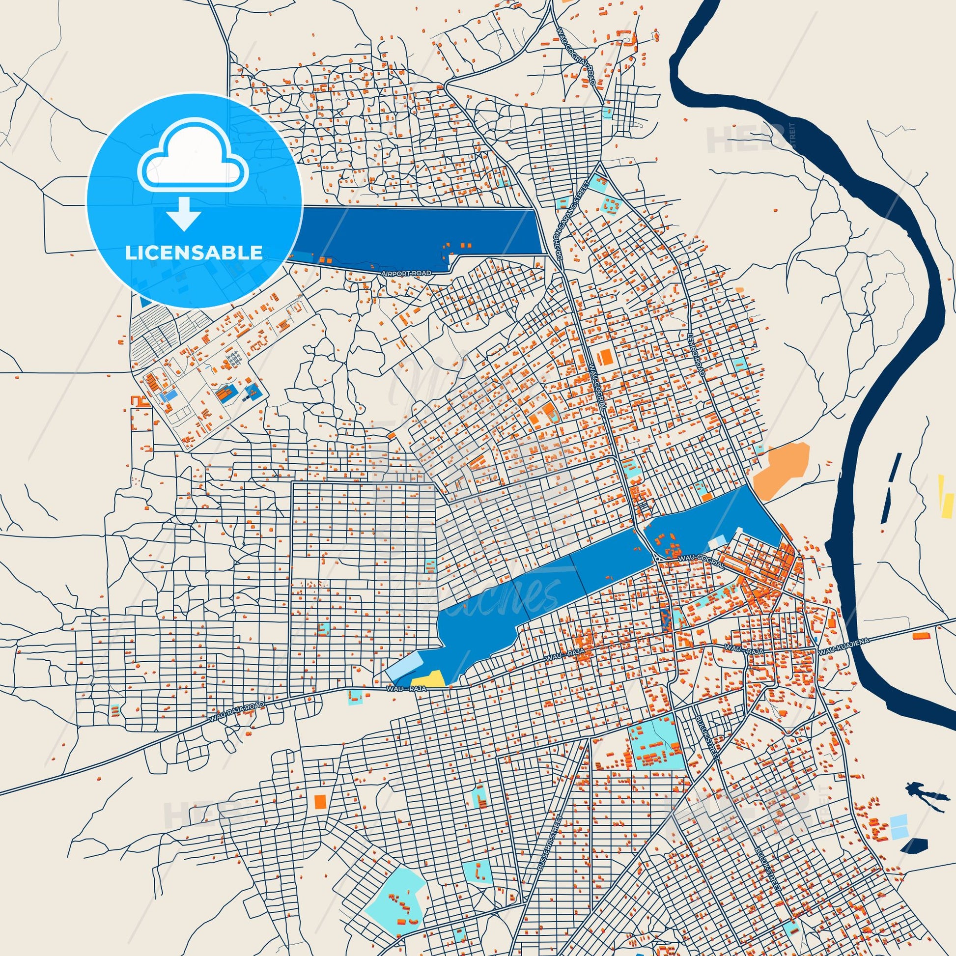 Colorful Wau Street Map with Labels and Buildings