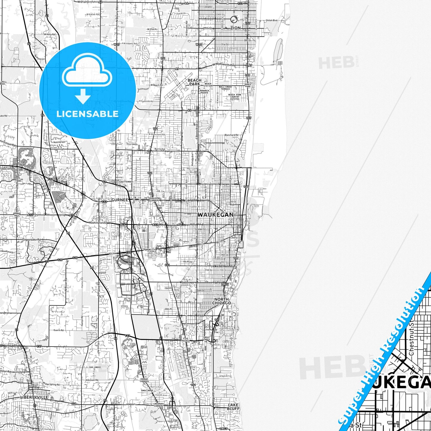 Waukegan, Illinois light map with streetnames, citynames and districts