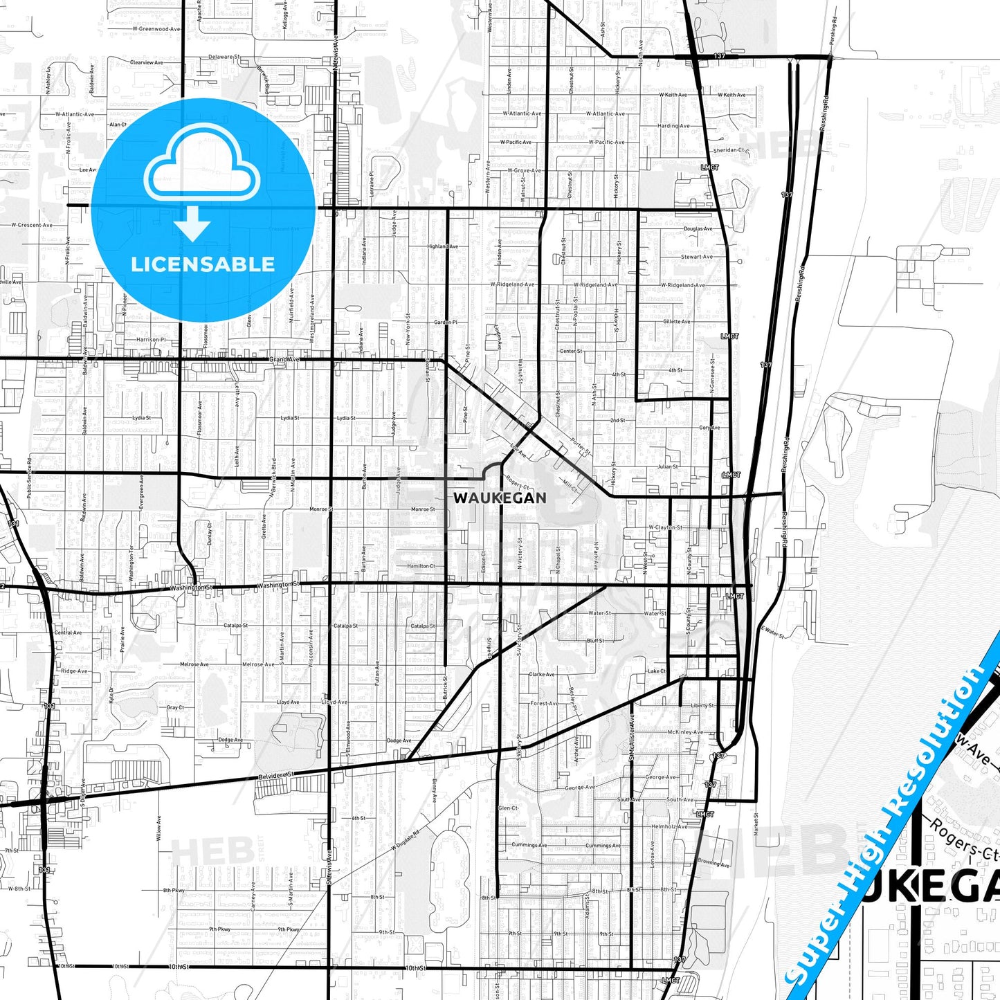 Waukegan, Illinois Light Map with Street Names, City Names, and Districts