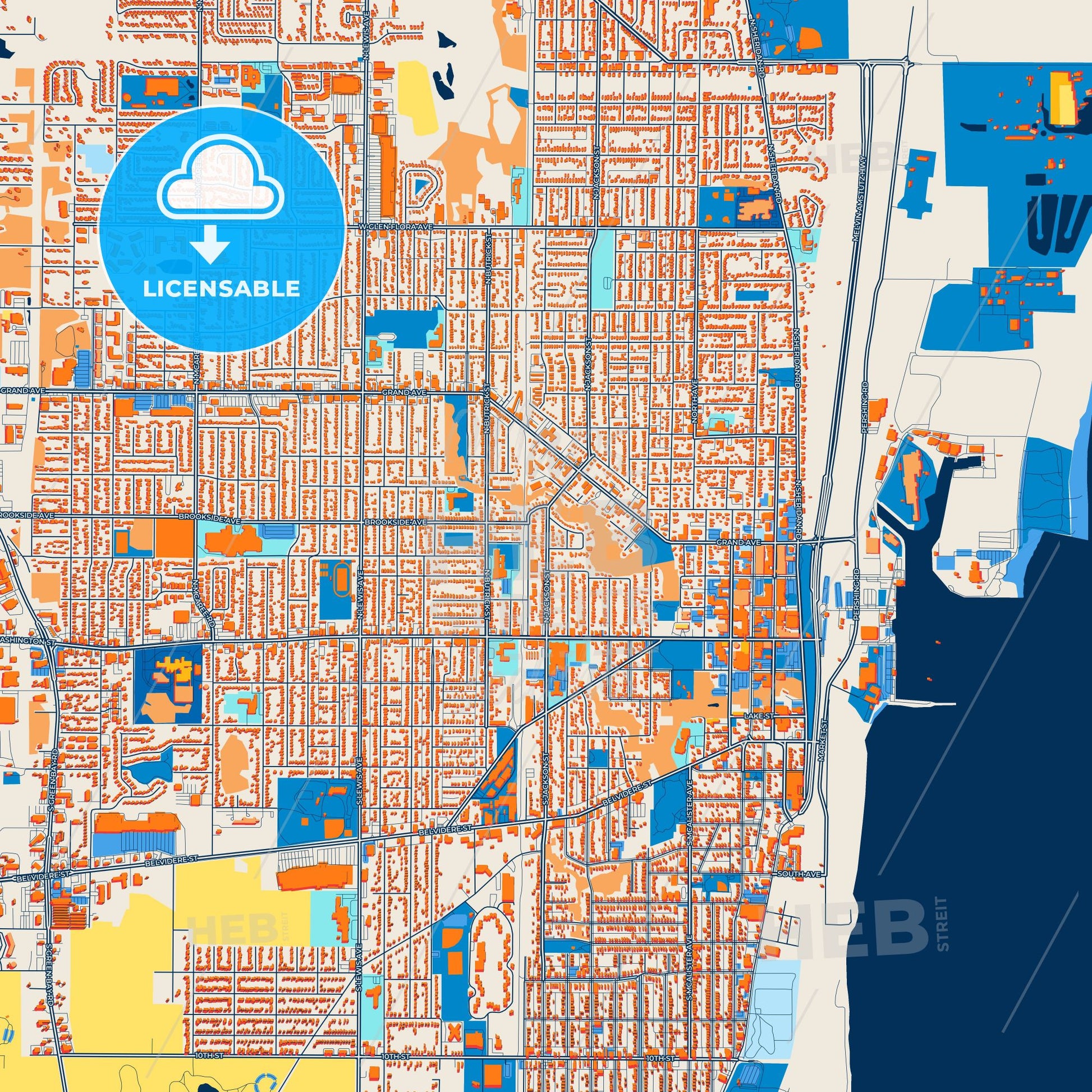 Colorful Waukegan Street Map with Labels and Buildings