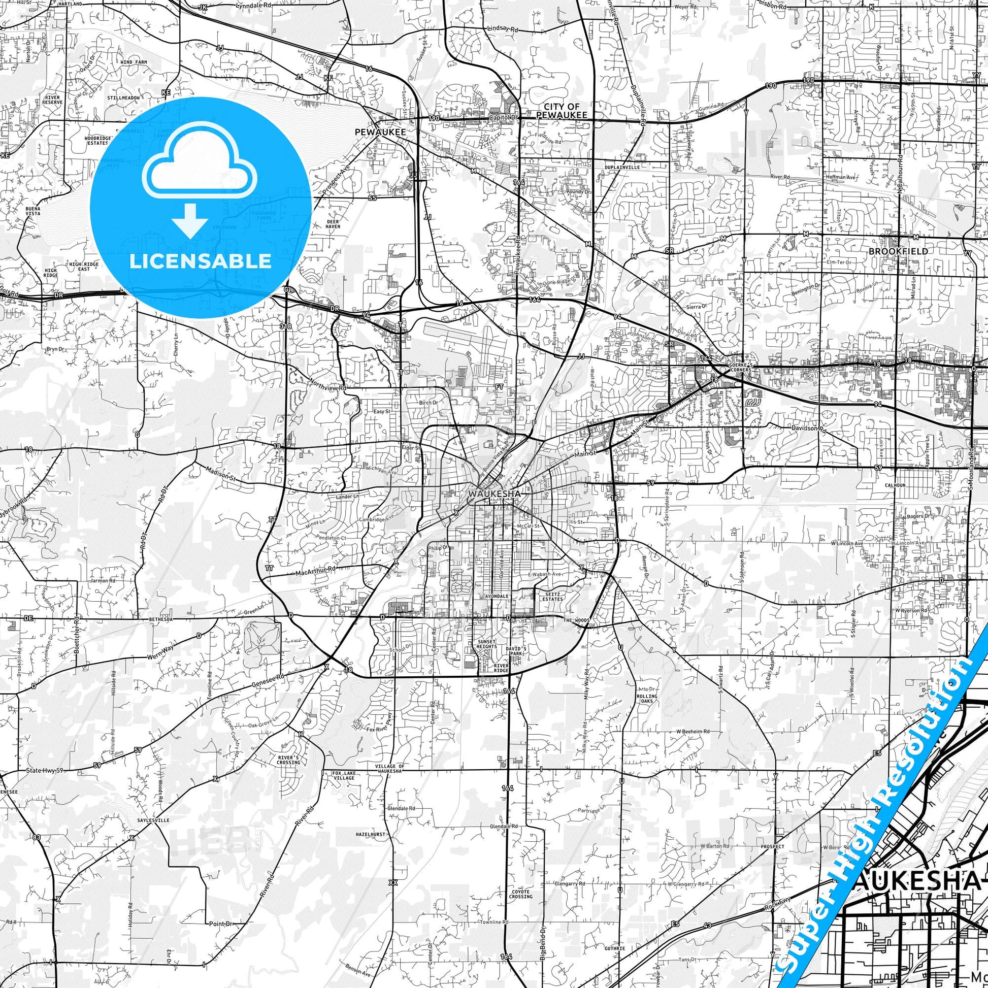 Waukesha, Wisconsin light map with streetnames, citynames and districts