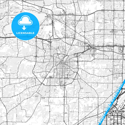 Waukesha, Wisconsin light map with streetnames, citynames and districts