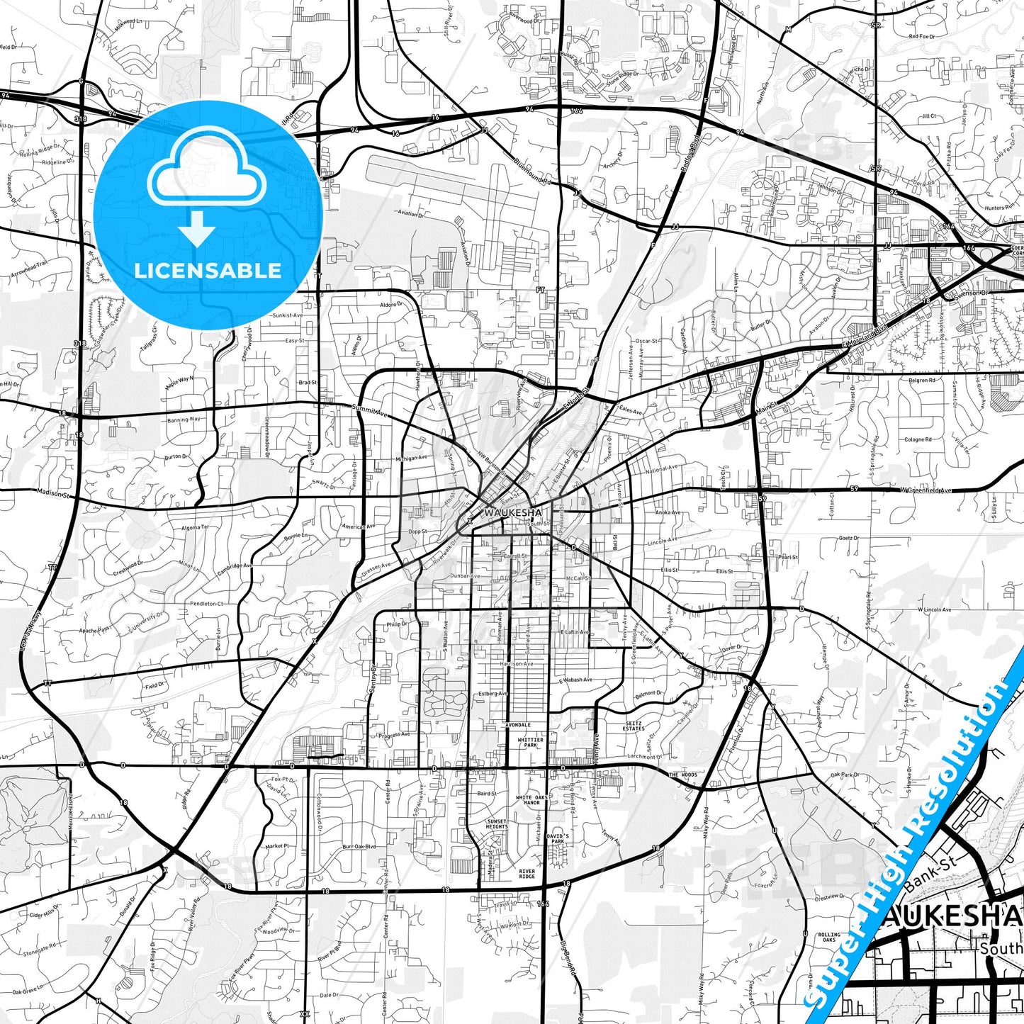 Waukesha, Wisconsin Light Map with Street Names, City Names, and Districts