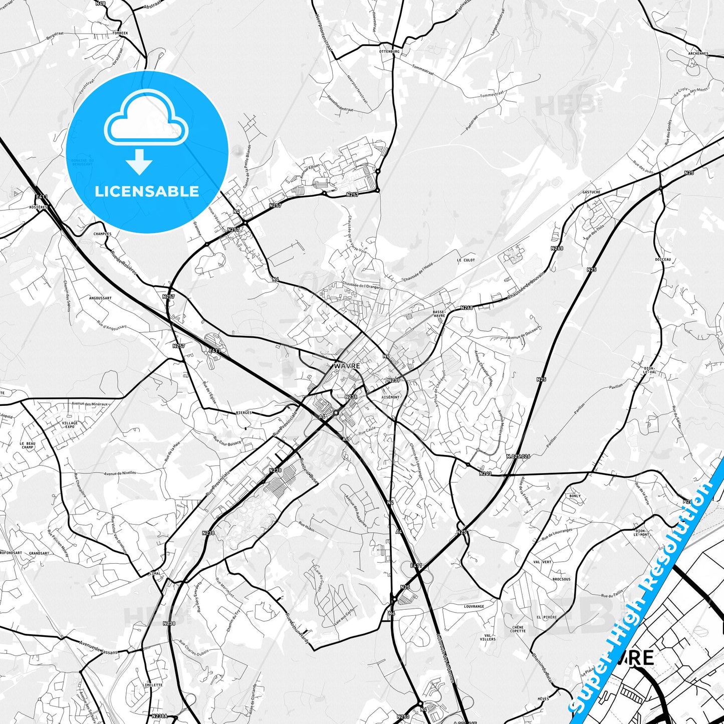 Wavre, Belgium Light Map with Street Names, City Names, and Districts
