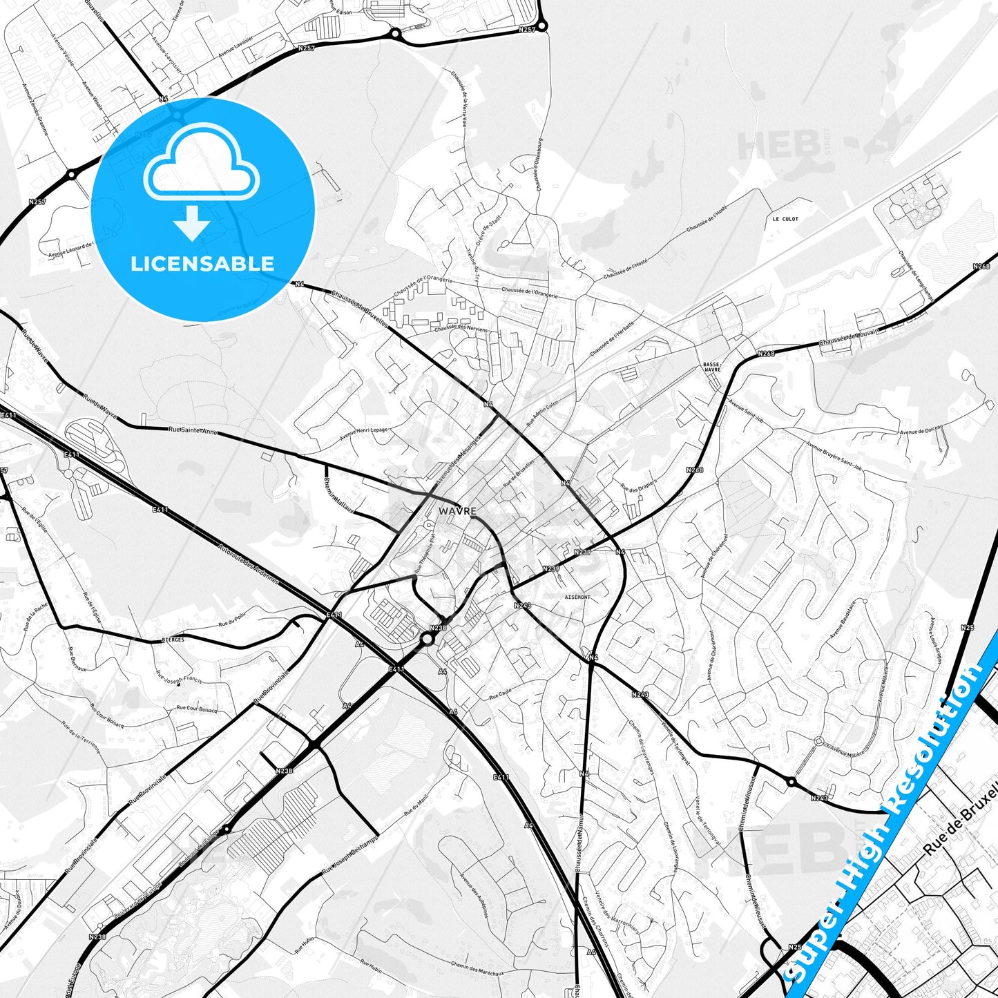 Wavre, Belgium Light Map with Street Names, City Names, and Districts