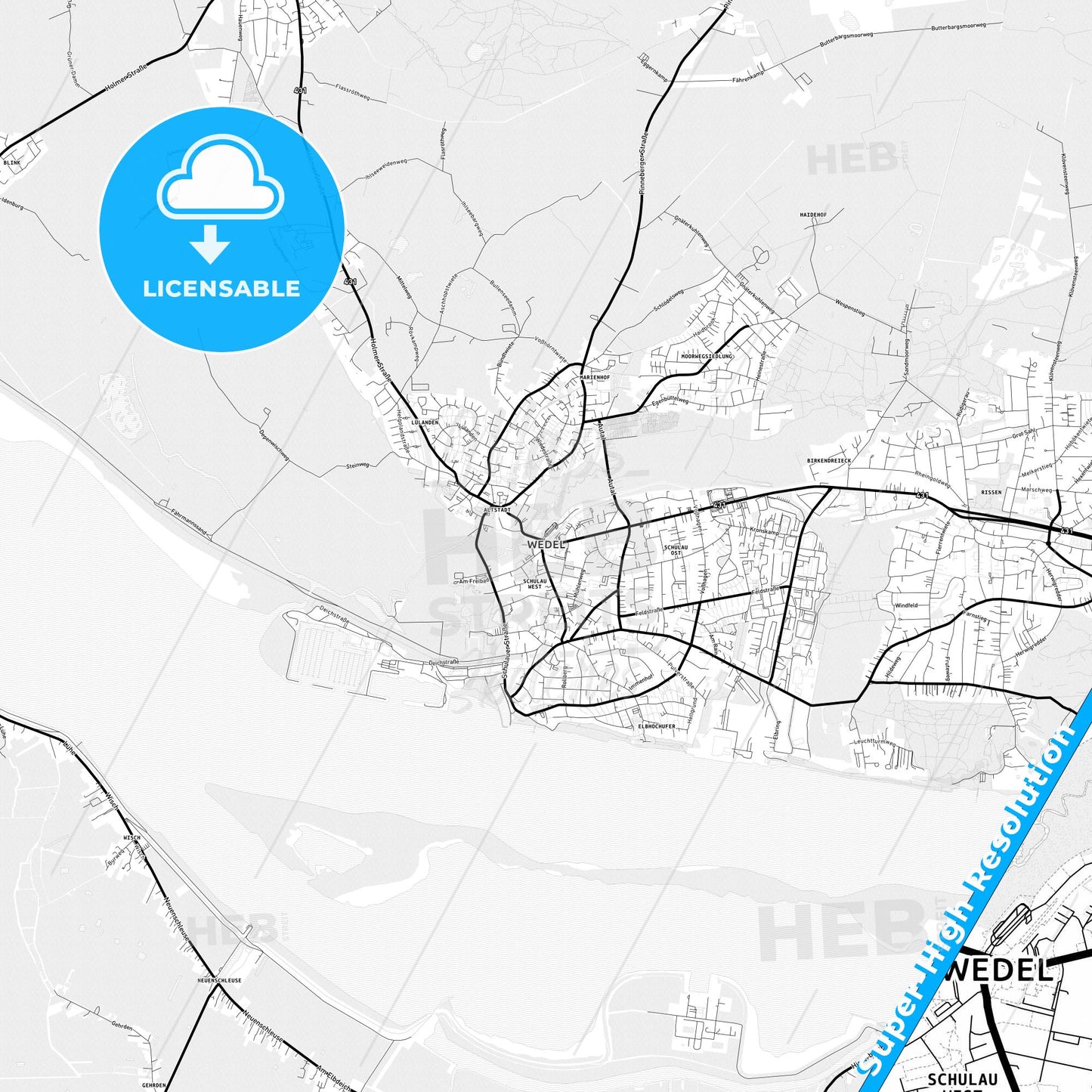 Wedel, Germany Light Map with Street Names, City Names, and Districts