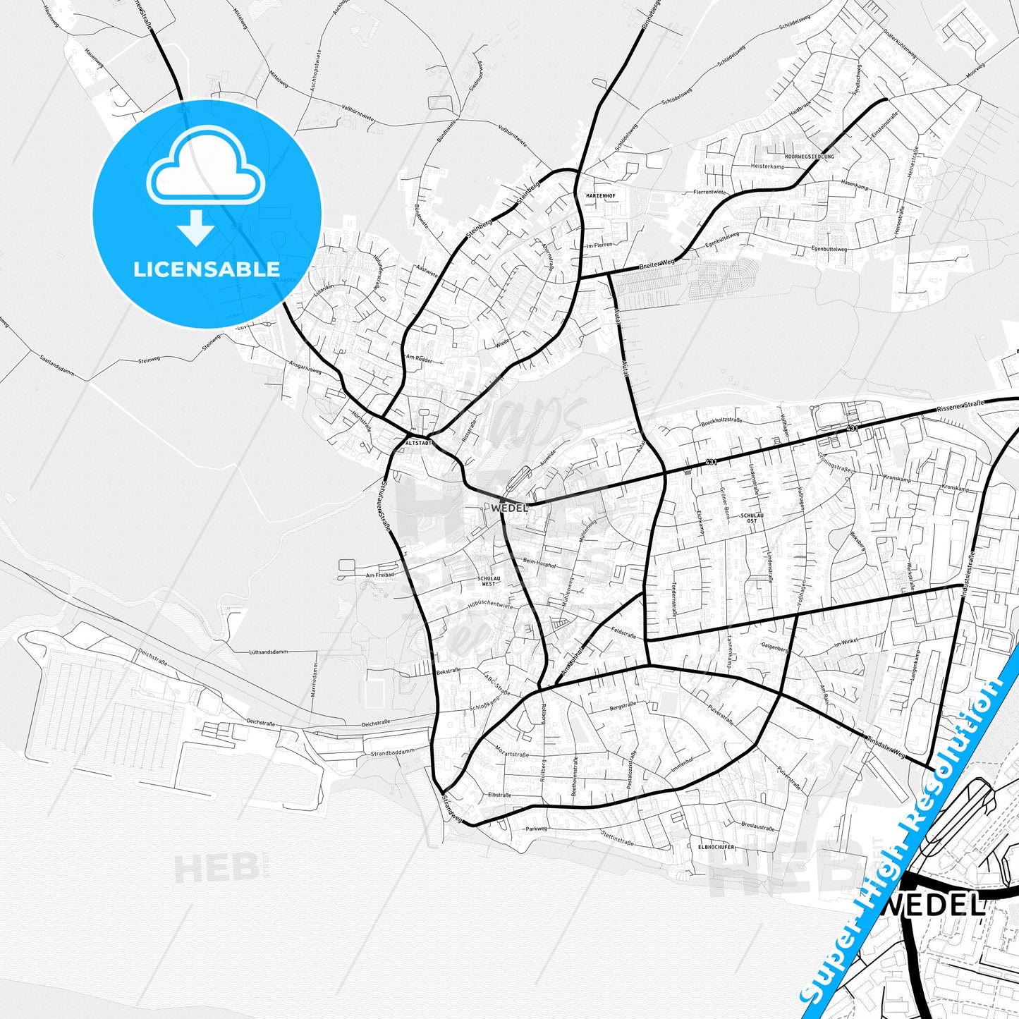 Wedel, Germany Light Map with Street Names, City Names, and Districts