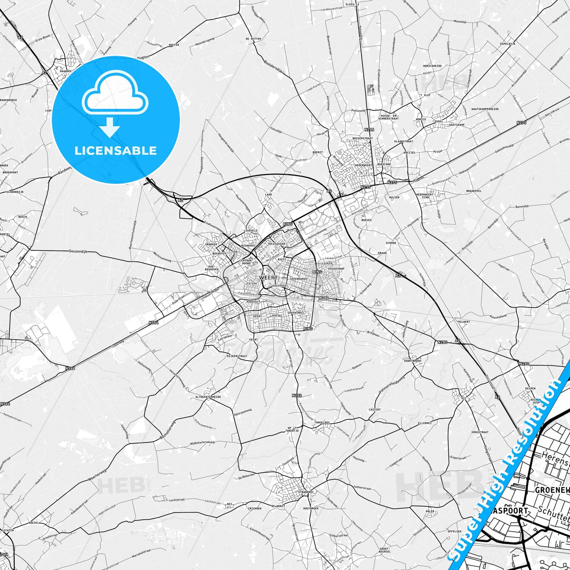 Weert, Netherlands light map with streetnames, citynames and districts