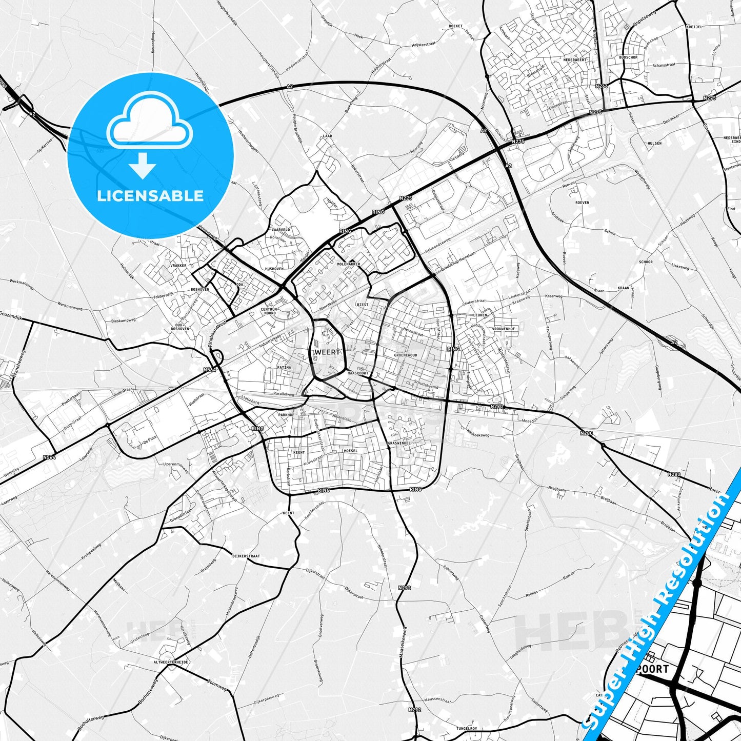 Weert, Netherlands Light Map with Street Names, City Names, and Districts