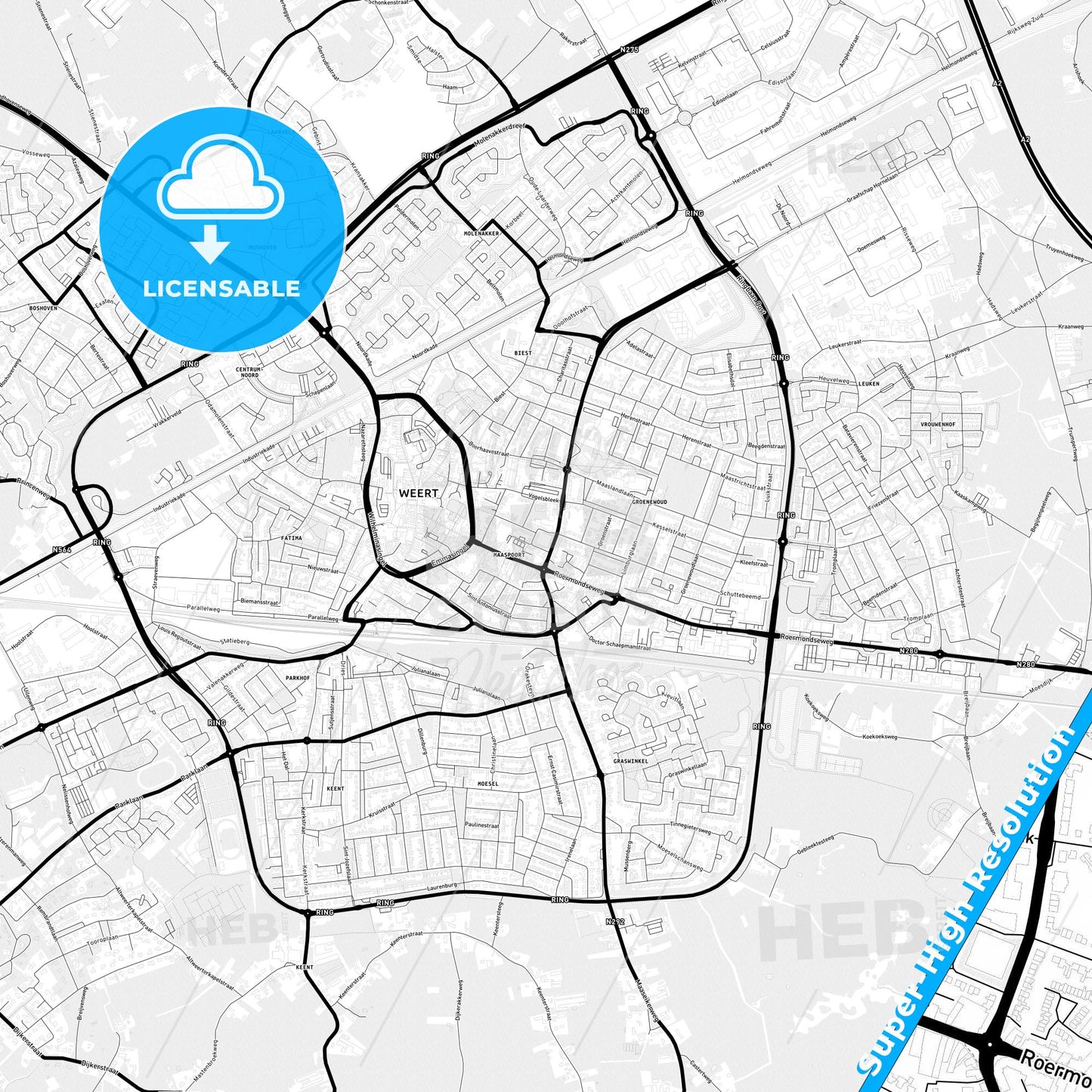 Weert, Netherlands Light Map with Street Names, City Names, and Districts