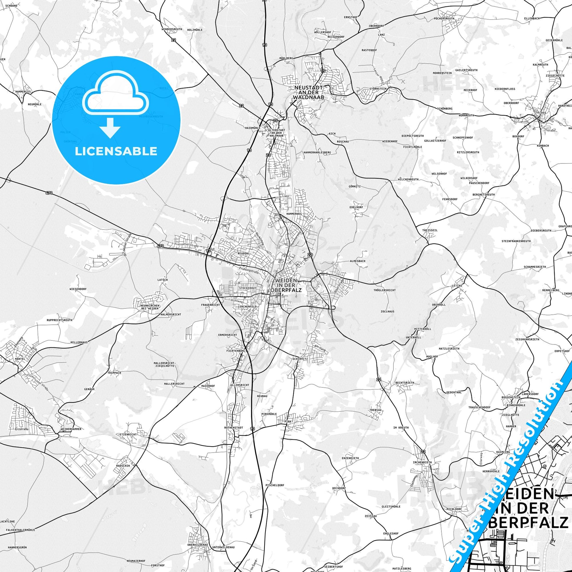 Weiden in der Oberpfalz, Germany light map with streetnames, citynames and districts