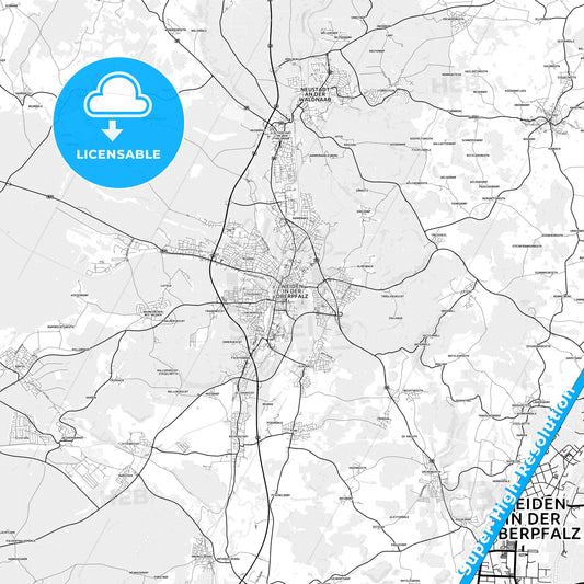 Weiden in der Oberpfalz, Germany light map with streetnames, citynames and districts