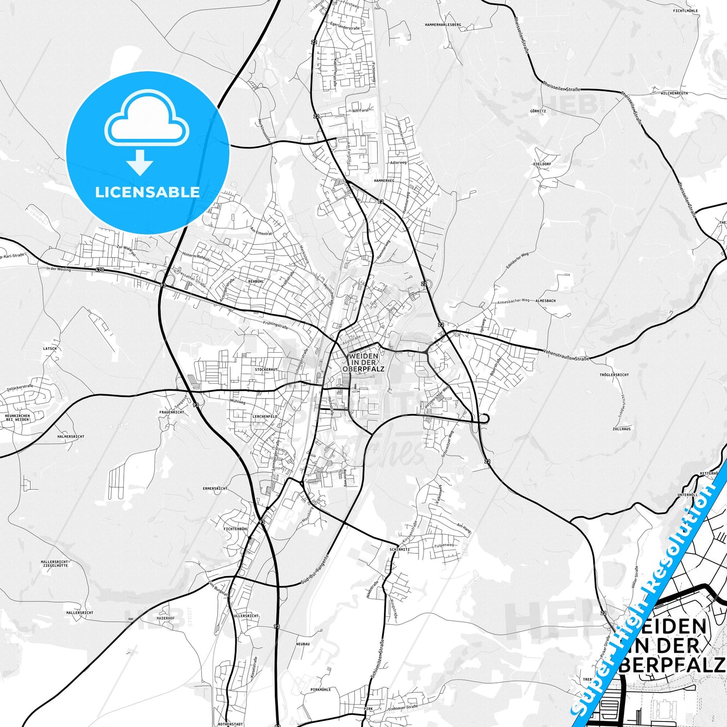 Weiden in der Oberpfalz, Germany Light Map with Street Names, City Names, and Districts