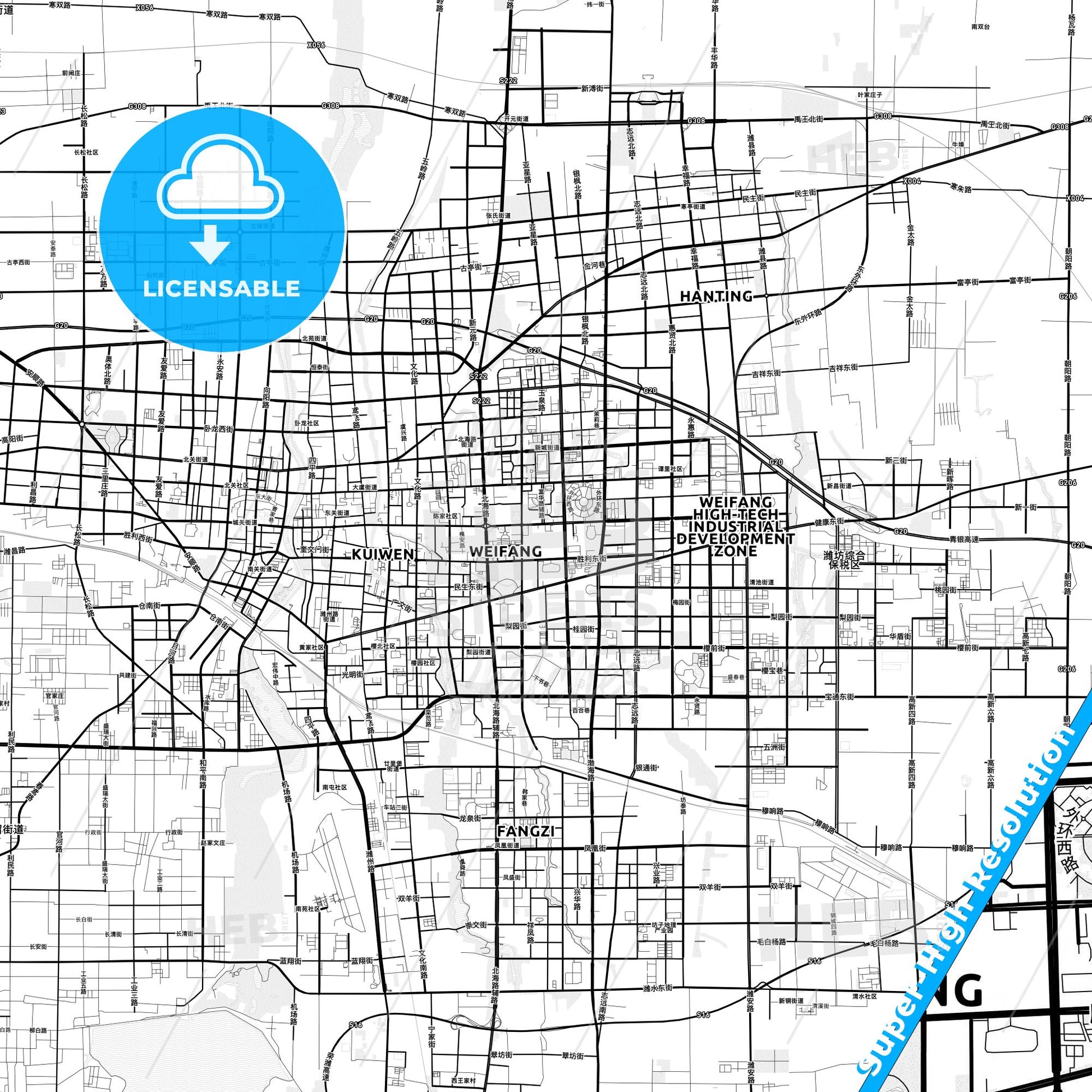 Weifang, China light map with streetnames, citynames and districts