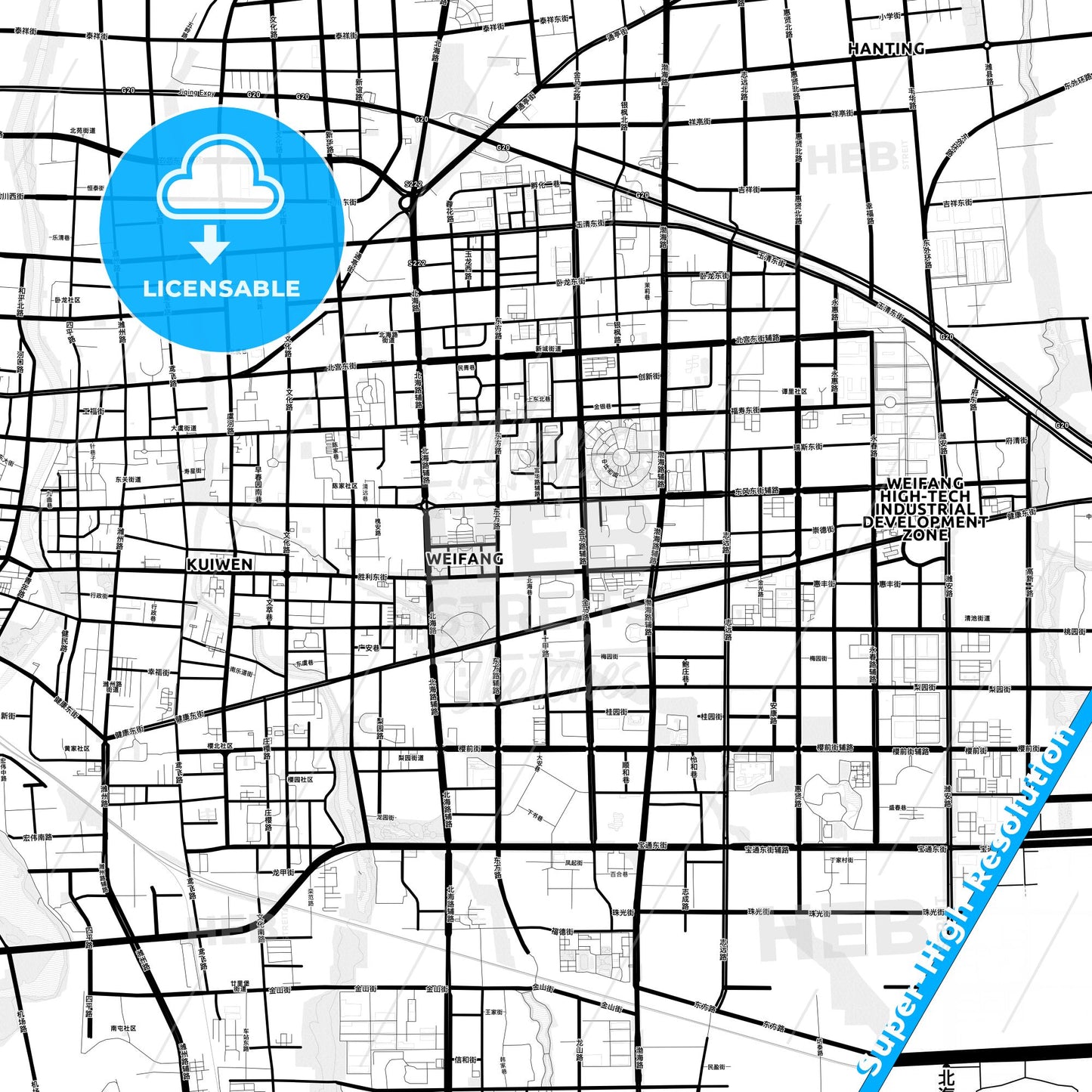 Weifang, China Light Map with Street Names, City Names, and Districts