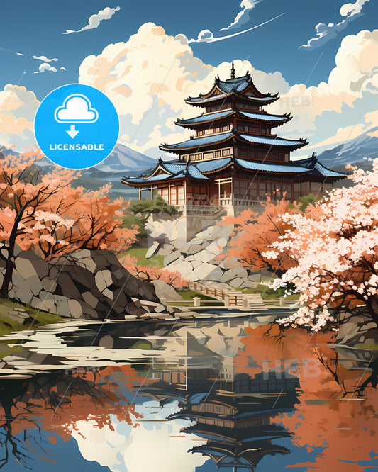 Colorful Chinese Pagoda Skyline with Cherry Blossoms and Pond Brush Painting