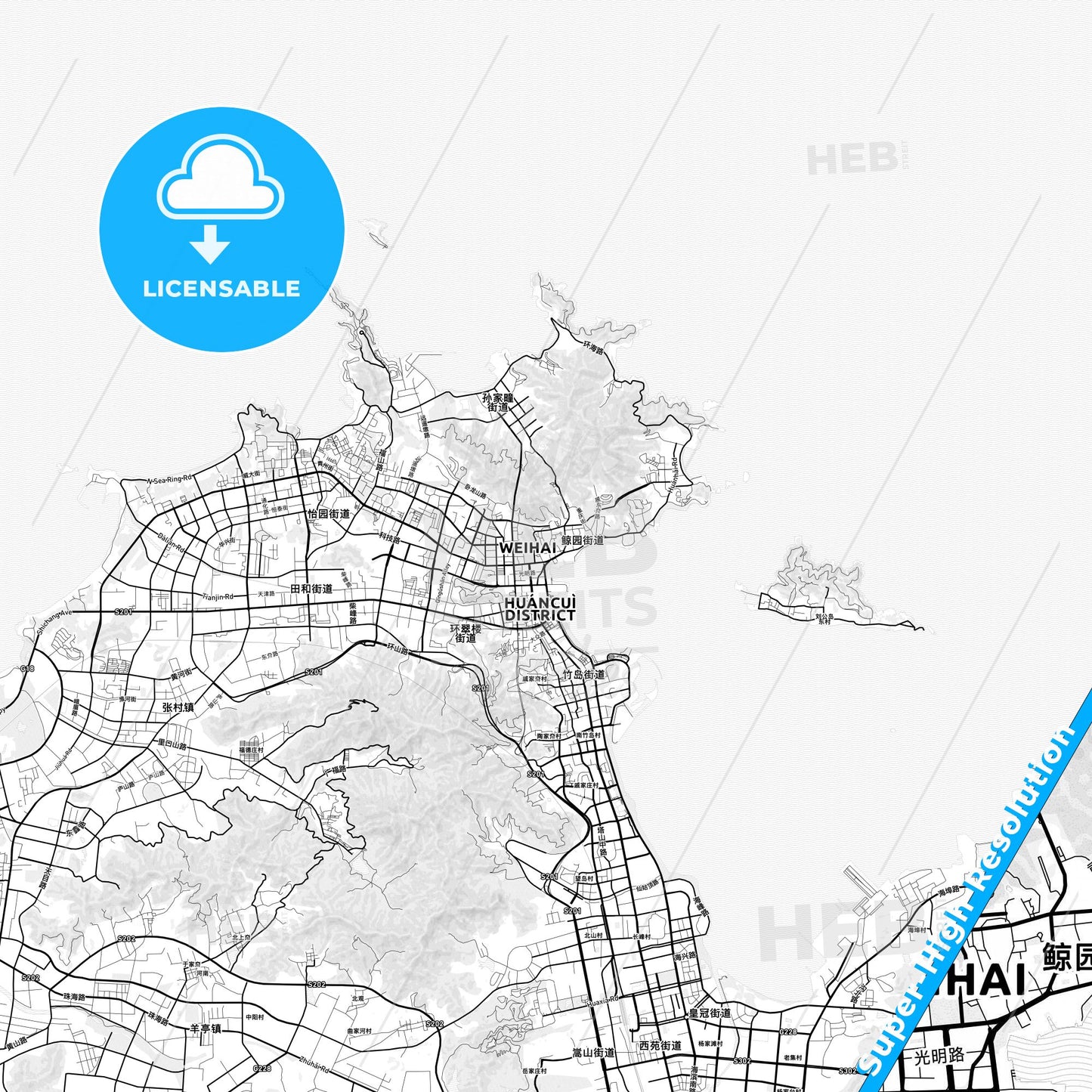 Weihai, China light map with streetnames, citynames and districts