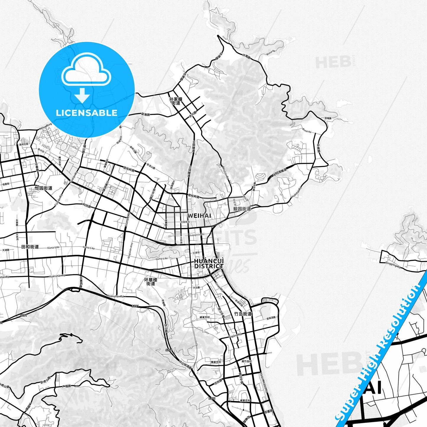 Weihai, China Light Map with Street Names, City Names, and Districts