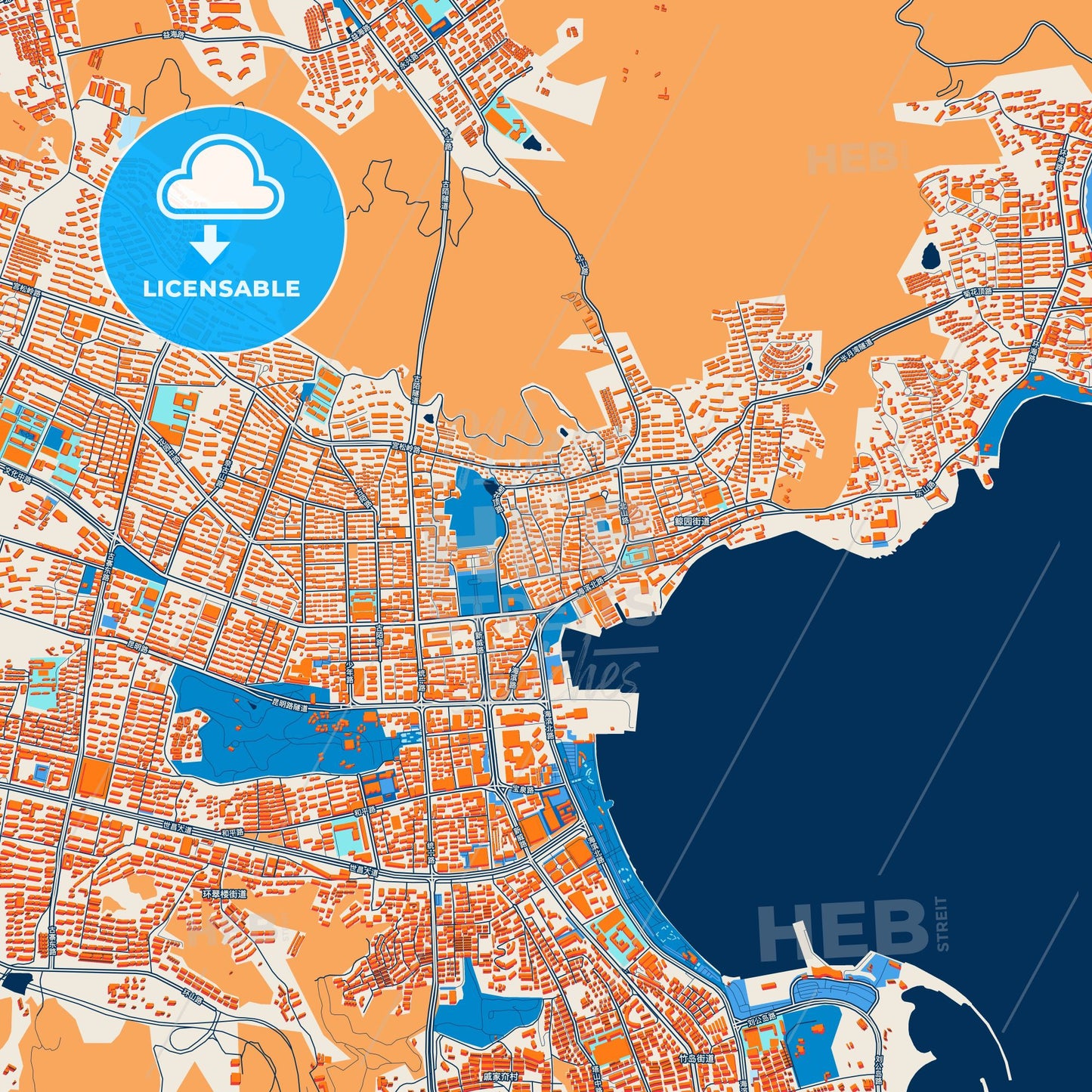 Colorful Weihai Street Map with Labels and Buildings