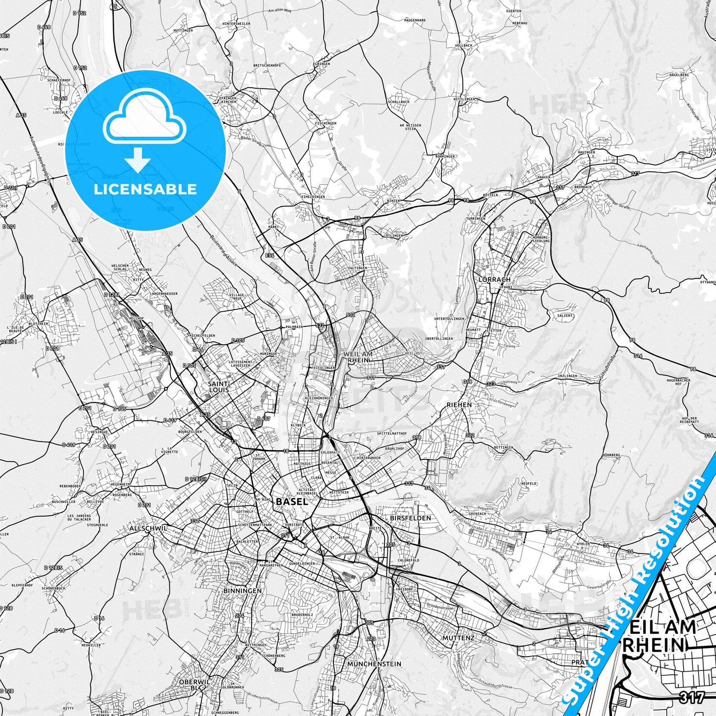 Weil am Rhein, Germany light map with streetnames, citynames and districts