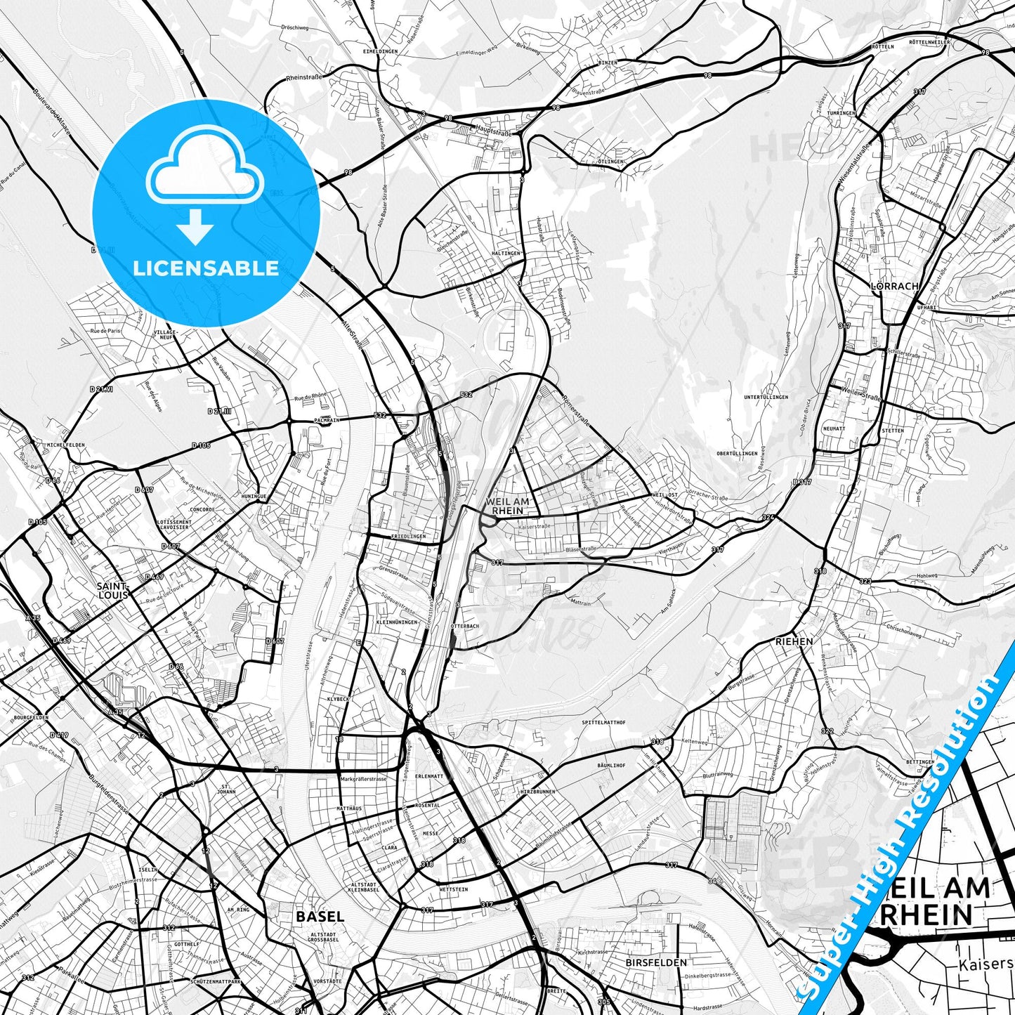 Weil am Rhein, Germany Light Map with Street Names, City Names, and Districts