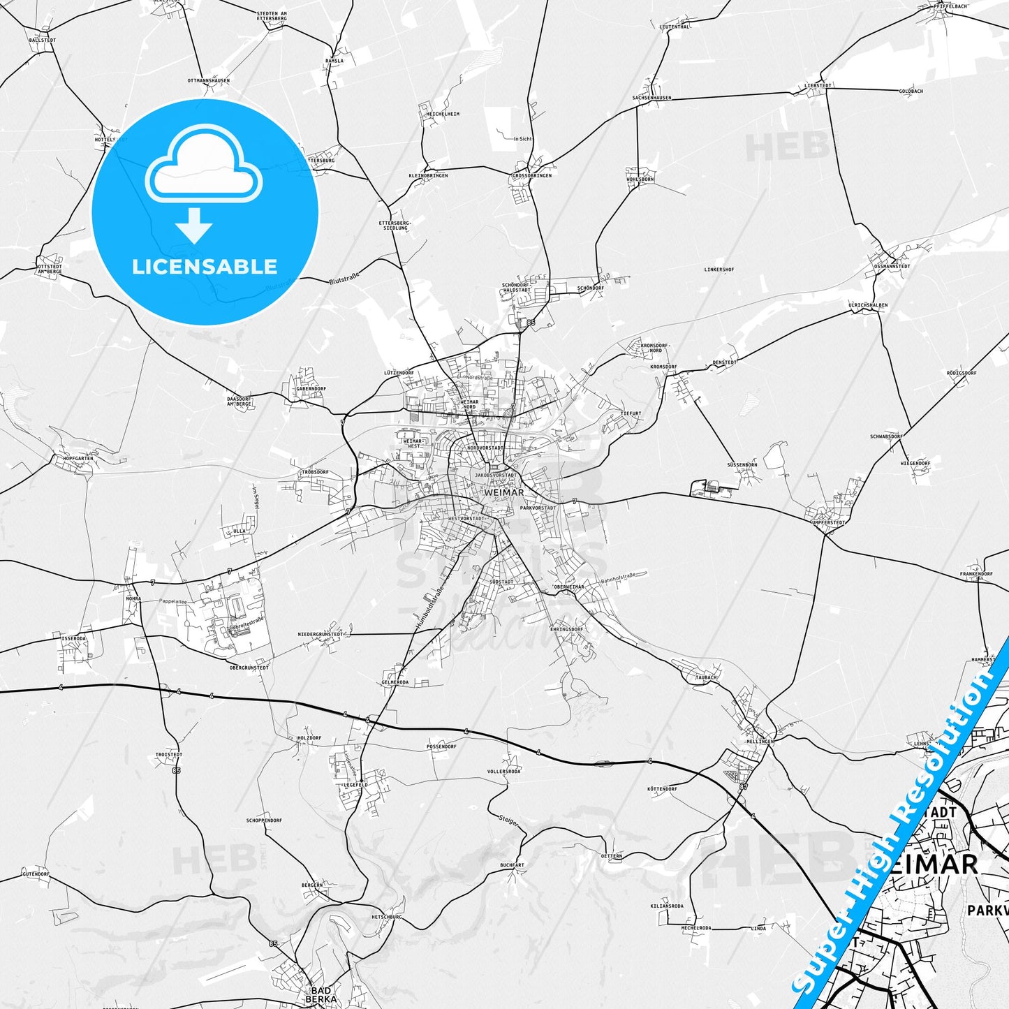 Weimar, Germany light map with streetnames, citynames and districts