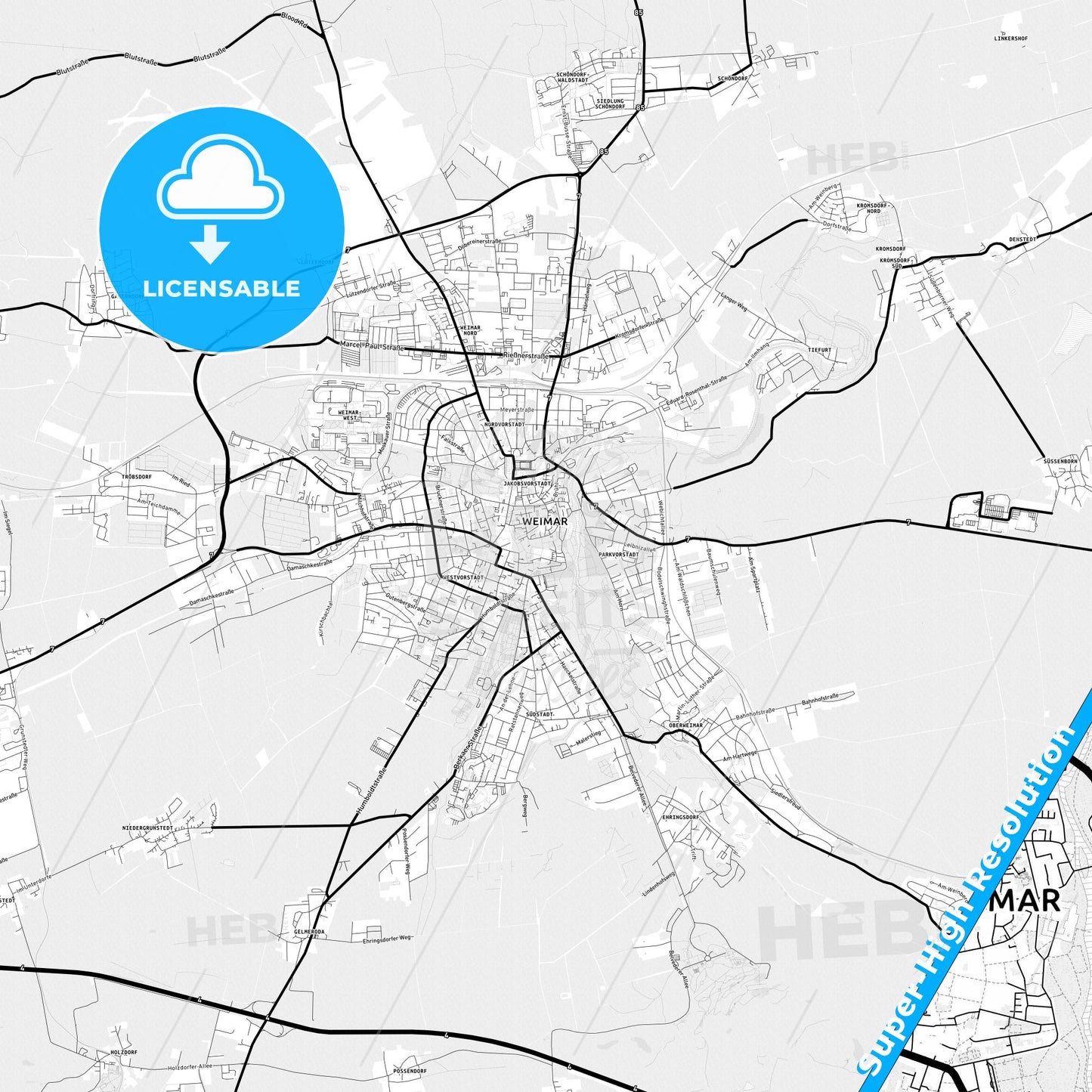 Weimar, Germany Light Map with Street Names, City Names, and Districts